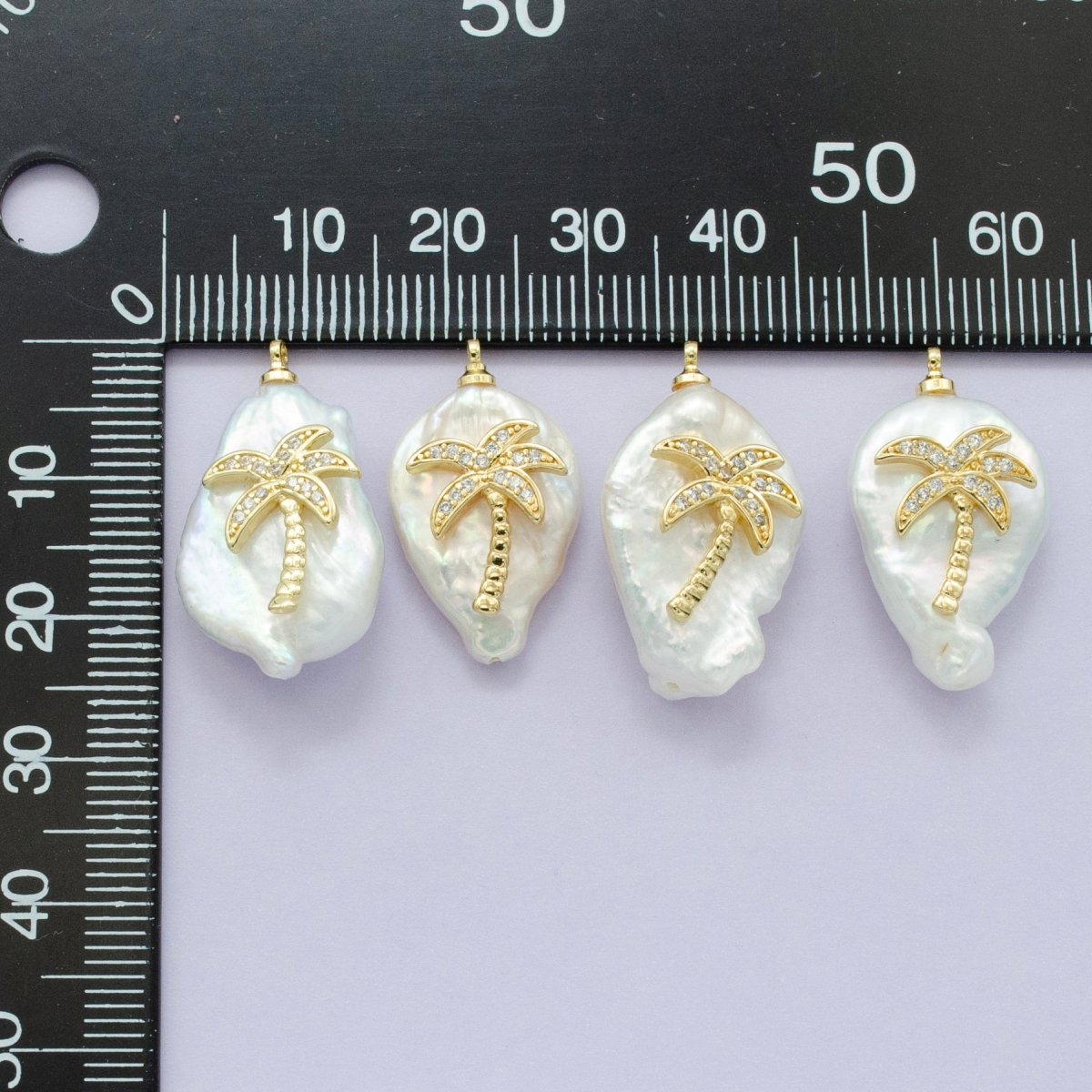 16K Gold Filled Palm Tree Micro Paved CZ Freshwater Pearl Charm | AC1331 P1561