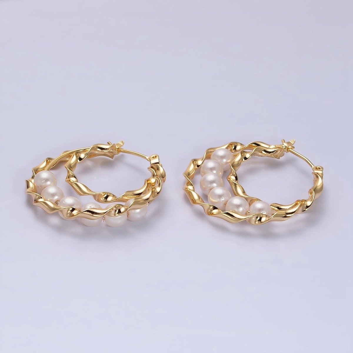 16K Gold Filled Pearl Lined Triple Twisted Bar Latch Earrings | AD947