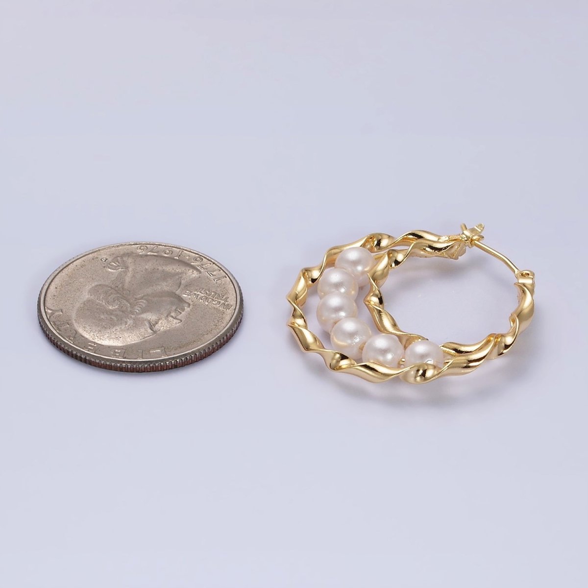 16K Gold Filled Pearl Lined Triple Twisted Bar Latch Earrings | AD947