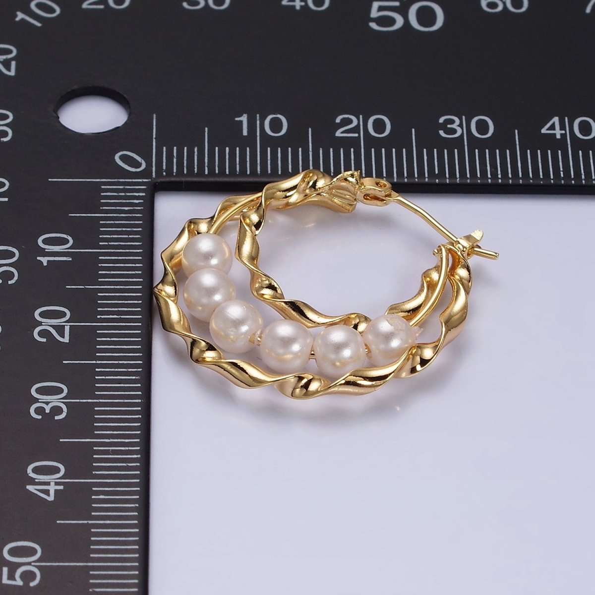16K Gold Filled Pearl Lined Triple Twisted Bar Latch Earrings | AD947