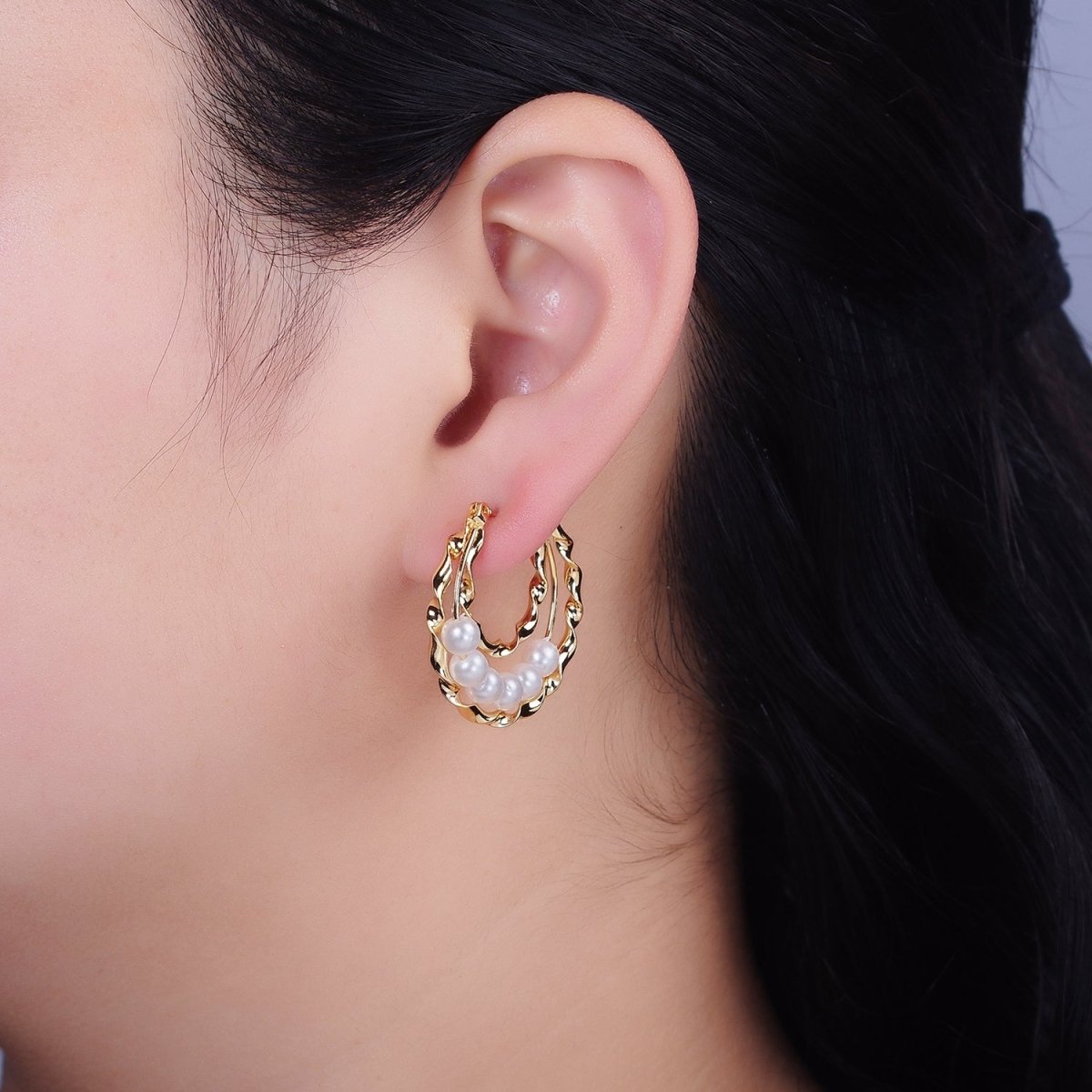16K Gold Filled Pearl Lined Triple Twisted Bar Latch Earrings | AD947