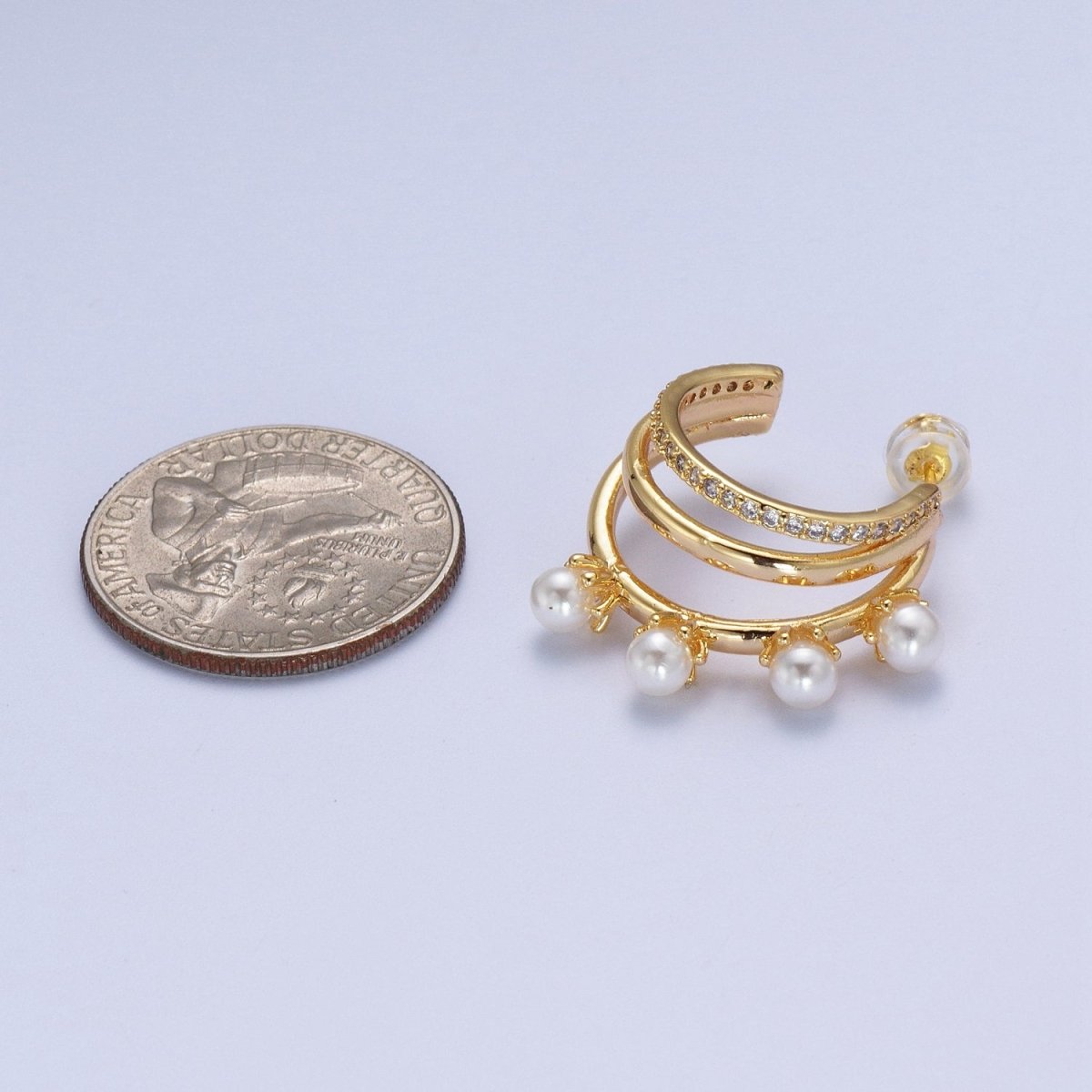 16K Gold Filled Pearl Micro Paved CZ Triple Band C-Shaped Hoop Earrings | AD-276