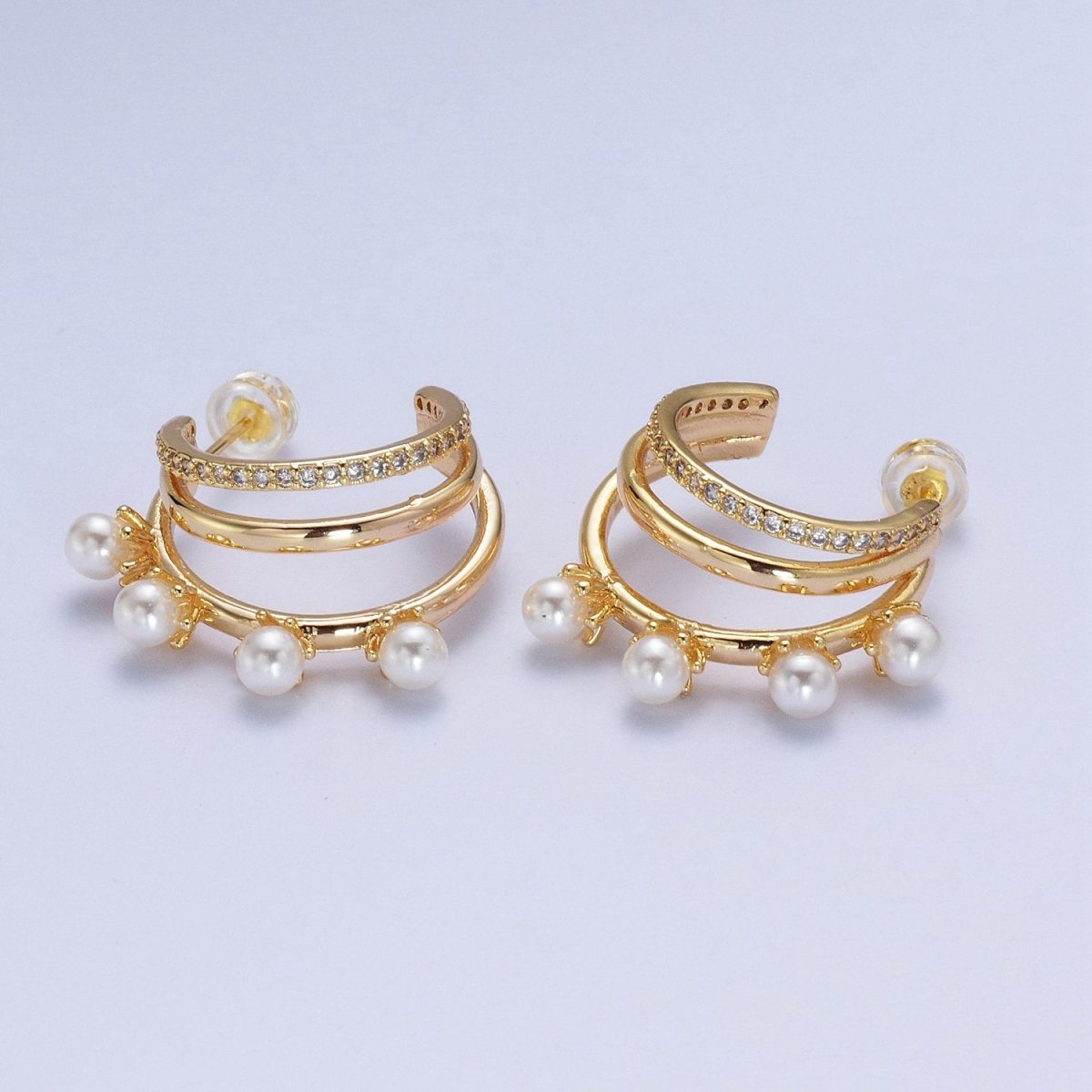 16K Gold Filled Pearl Micro Paved CZ Triple Band C-Shaped Hoop Earrings | AD-276