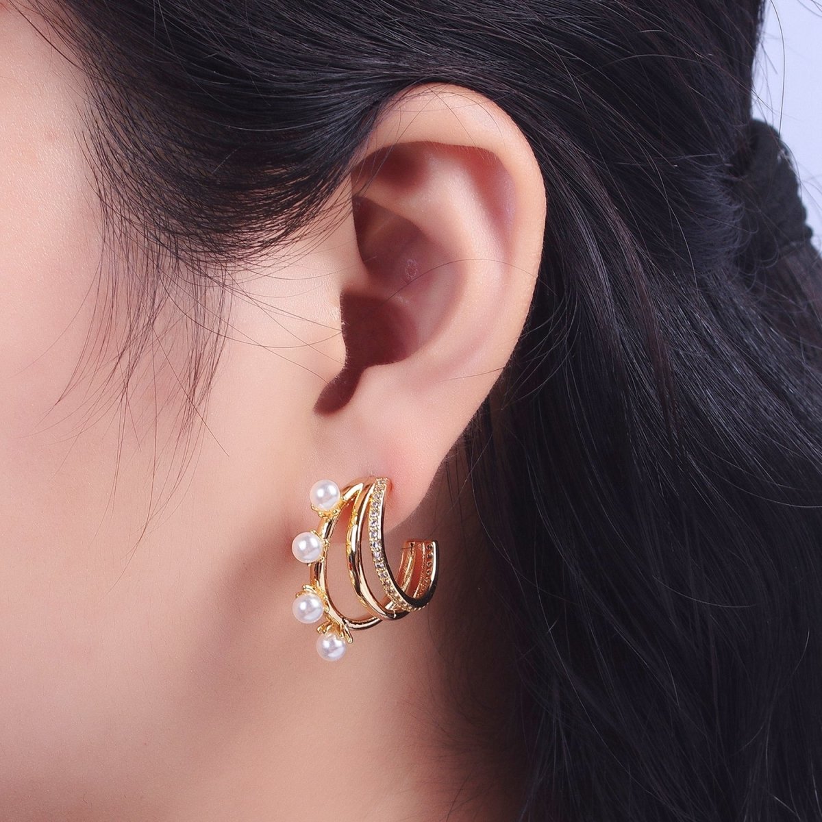 16K Gold Filled Pearl Micro Paved CZ Triple Band C-Shaped Hoop Earrings | AD-276