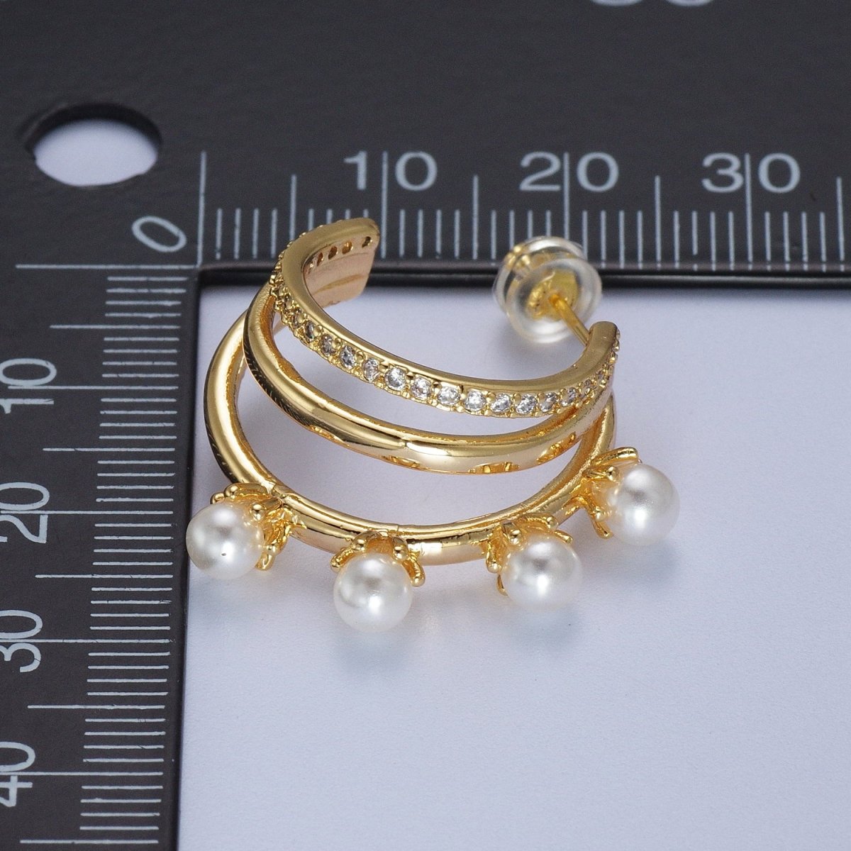 16K Gold Filled Pearl Micro Paved CZ Triple Band C-Shaped Hoop Earrings | AD-276