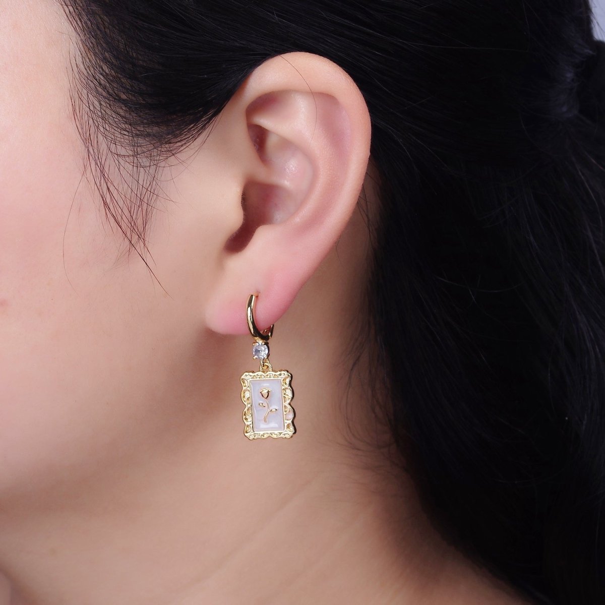 16K Gold Filled Pink, White, Blue Sparkly Enamel Rose Flower Rectangular CZ Drop Huggie Earrings | AD-393 AD-394 AD-395