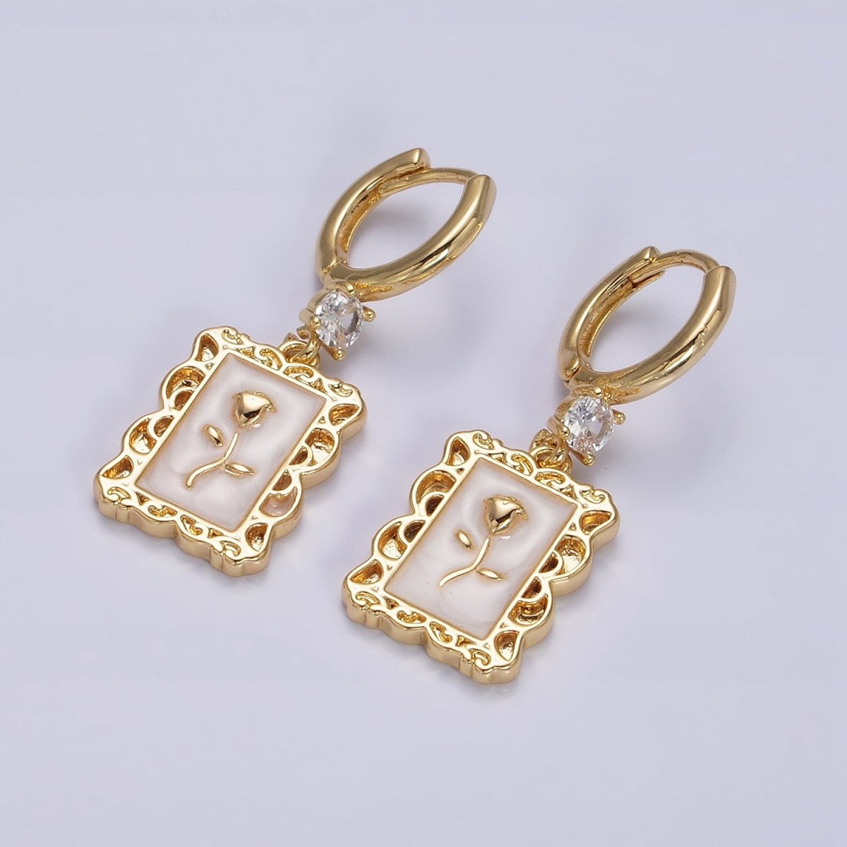 16K Gold Filled Pink, White, Blue Sparkly Enamel Rose Flower Rectangular CZ Drop Huggie Earrings | AD-393 AD-394 AD-395