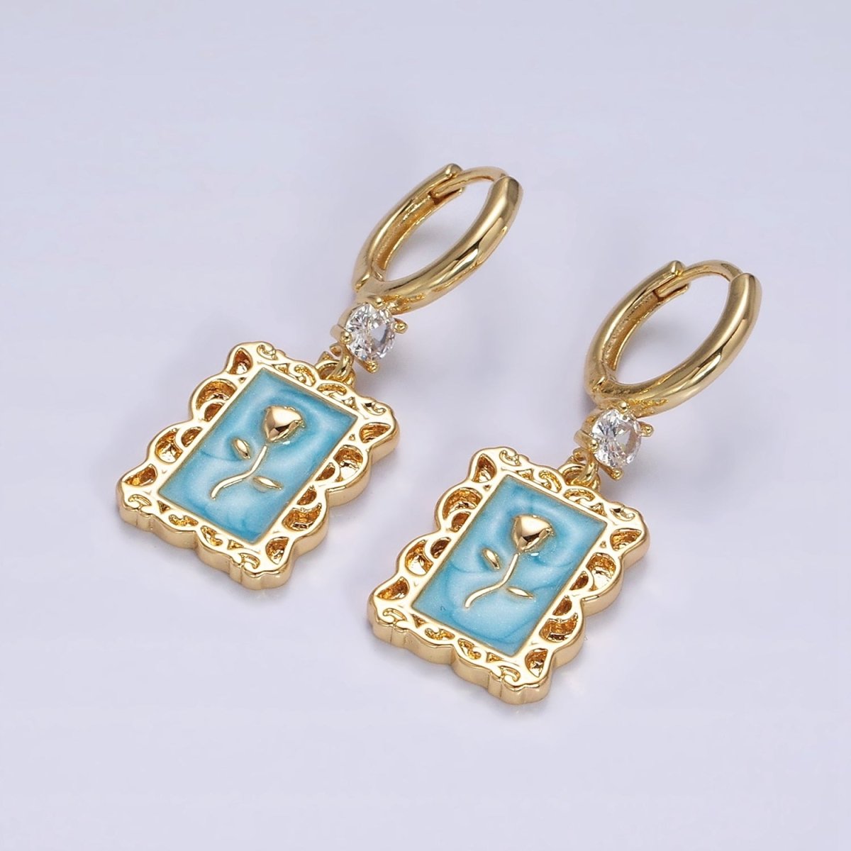 16K Gold Filled Pink, White, Blue Sparkly Enamel Rose Flower Rectangular CZ Drop Huggie Earrings | AD-393 AD-394 AD-395