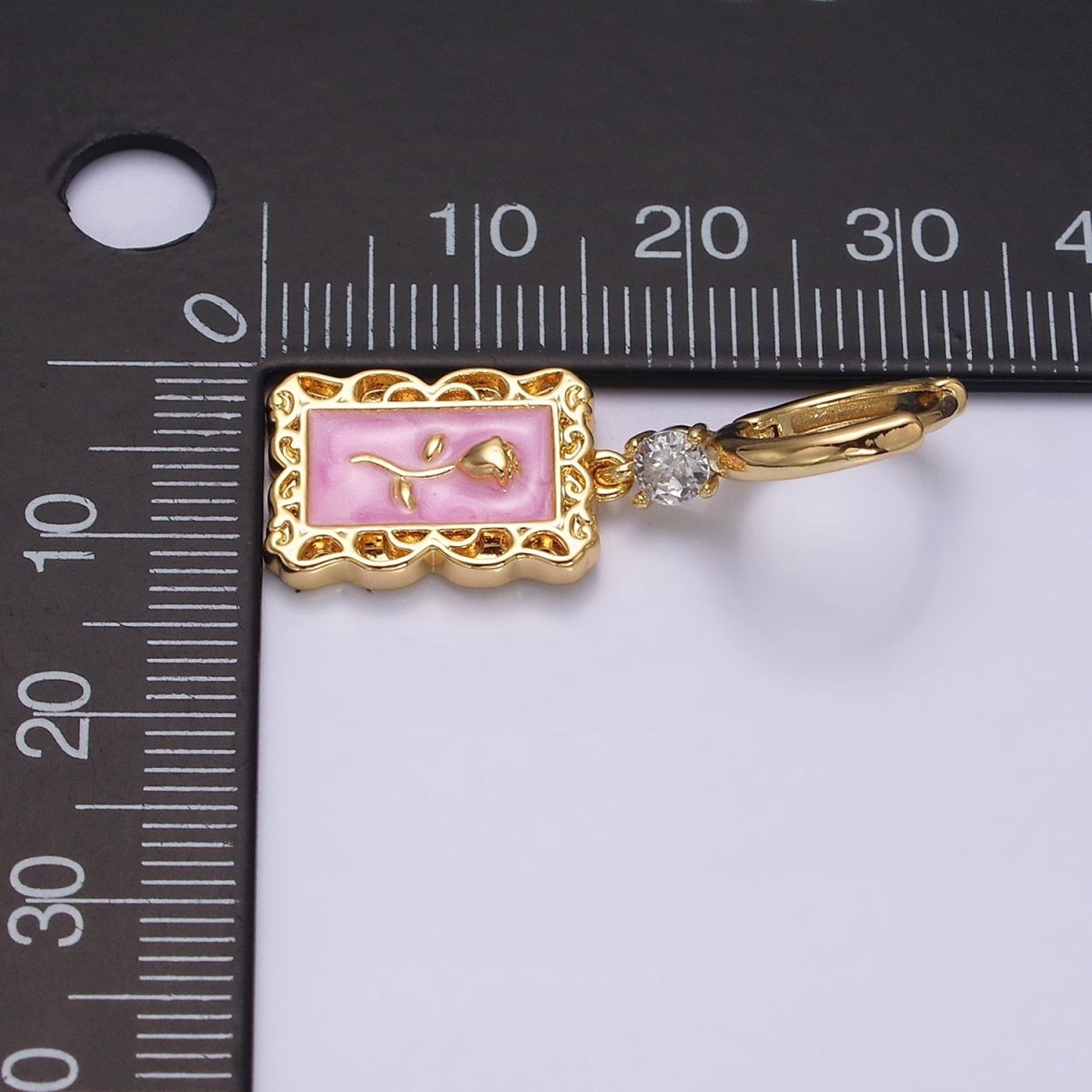 16K Gold Filled Pink, White, Blue Sparkly Enamel Rose Flower Rectangular CZ Drop Huggie Earrings | AD-393 AD-394 AD-395