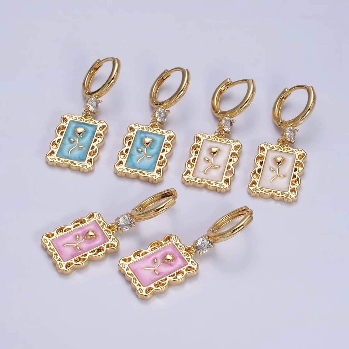 16K Gold Filled Pink, White, Blue Sparkly Enamel Rose Flower Rectangular CZ Drop Huggie Earrings | AD-393 AD-394 AD-395