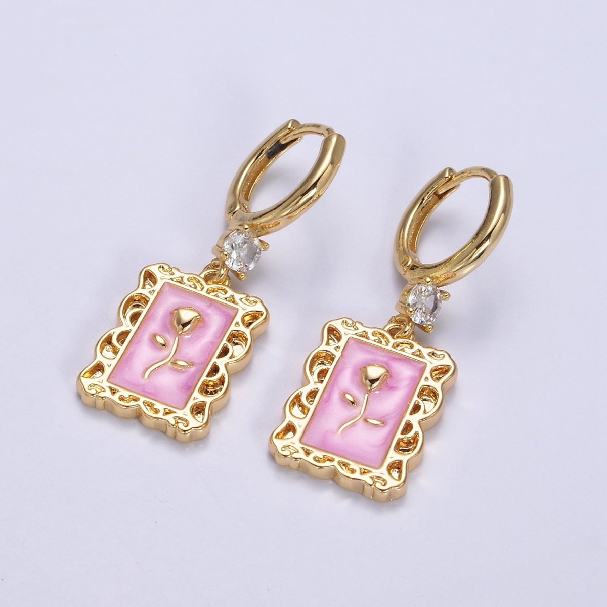 16K Gold Filled Pink, White, Blue Sparkly Enamel Rose Flower Rectangular CZ Drop Huggie Earrings | AD-393 AD-394 AD-395