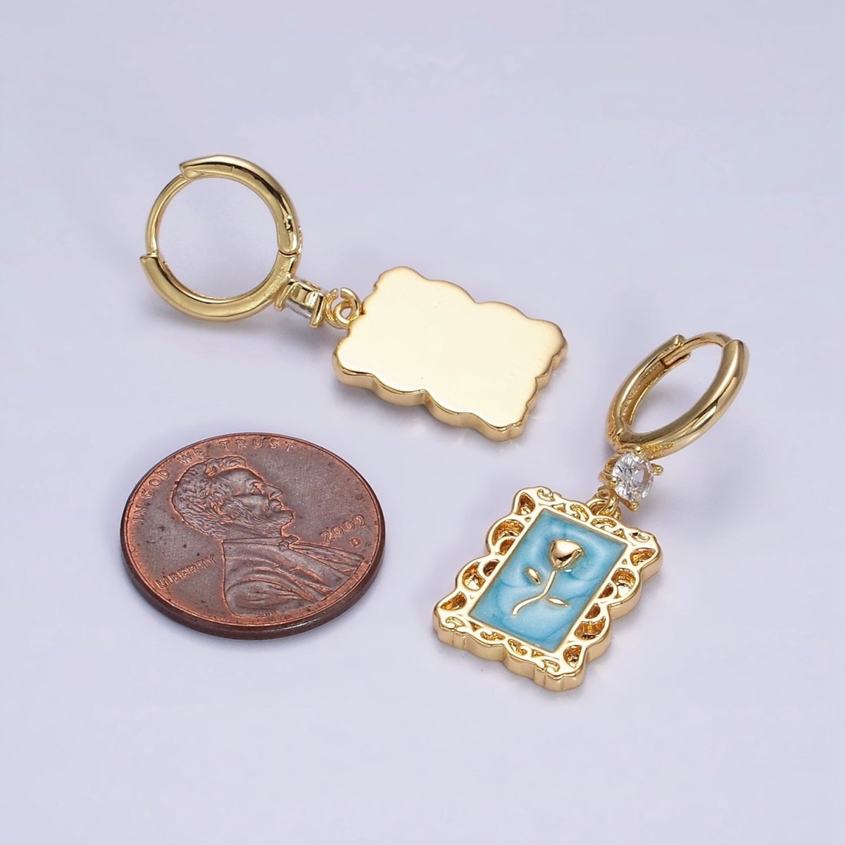 16K Gold Filled Pink, White, Blue Sparkly Enamel Rose Flower Rectangular CZ Drop Huggie Earrings | AD-393 AD-394 AD-395