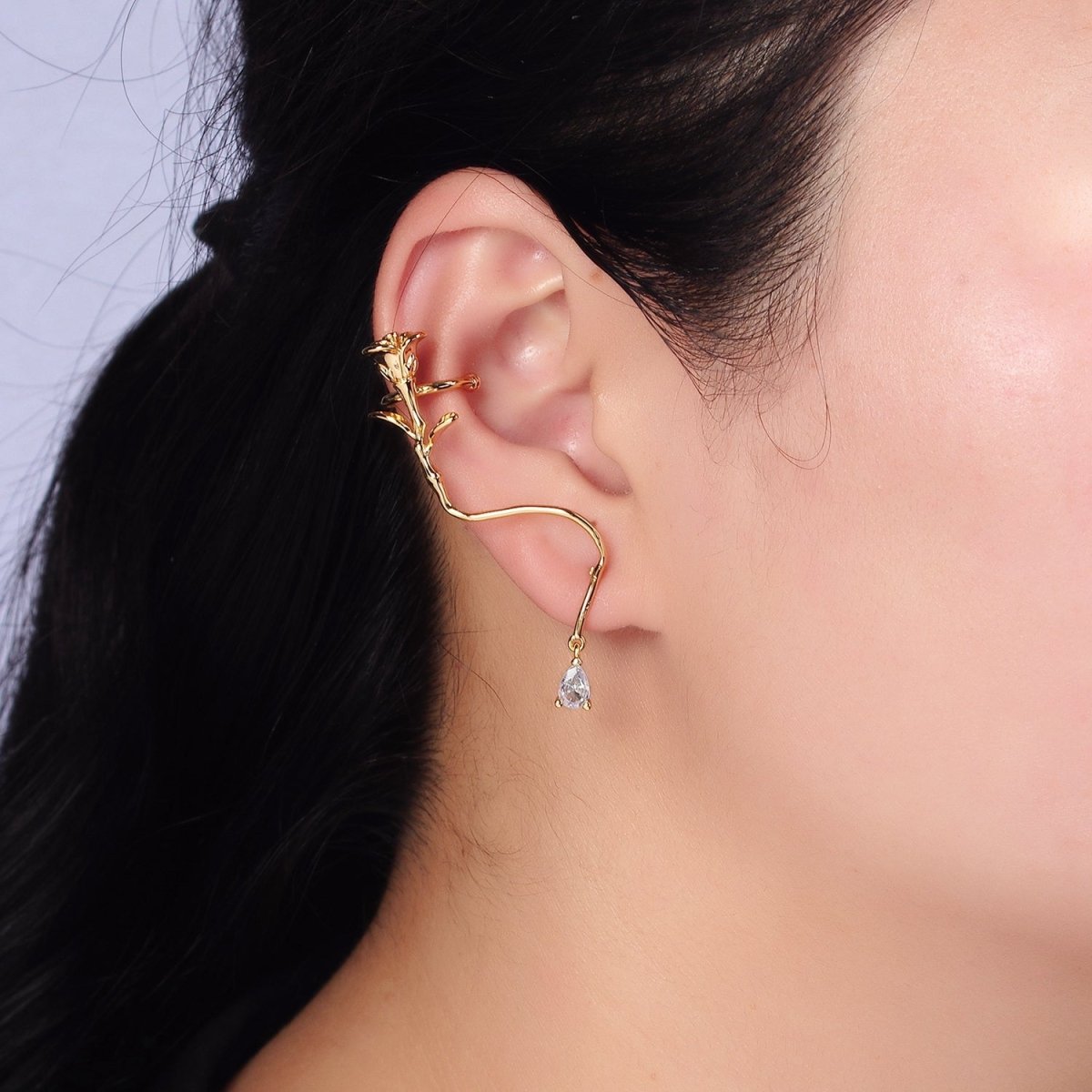 16K Gold Filled Rose Flower Long Vine Teardrop Dangle Ear Cuff Stud Earrings in Silver & Gold | AD-361 AD-362