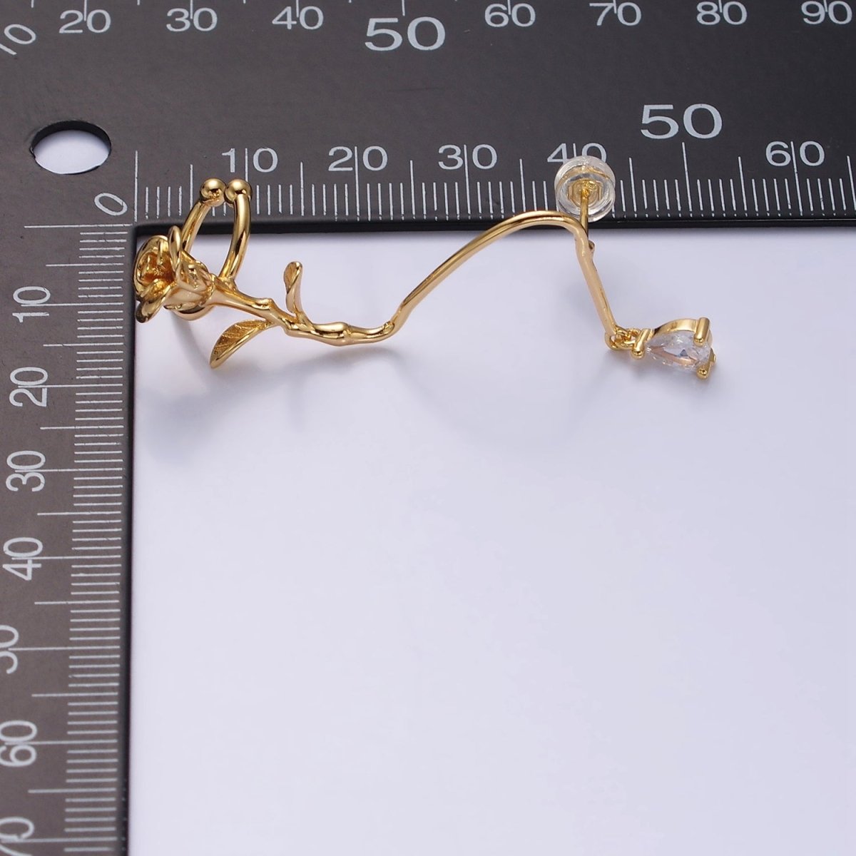 16K Gold Filled Rose Flower Long Vine Teardrop Dangle Ear Cuff Stud Earrings in Silver & Gold | AD-361 AD-362