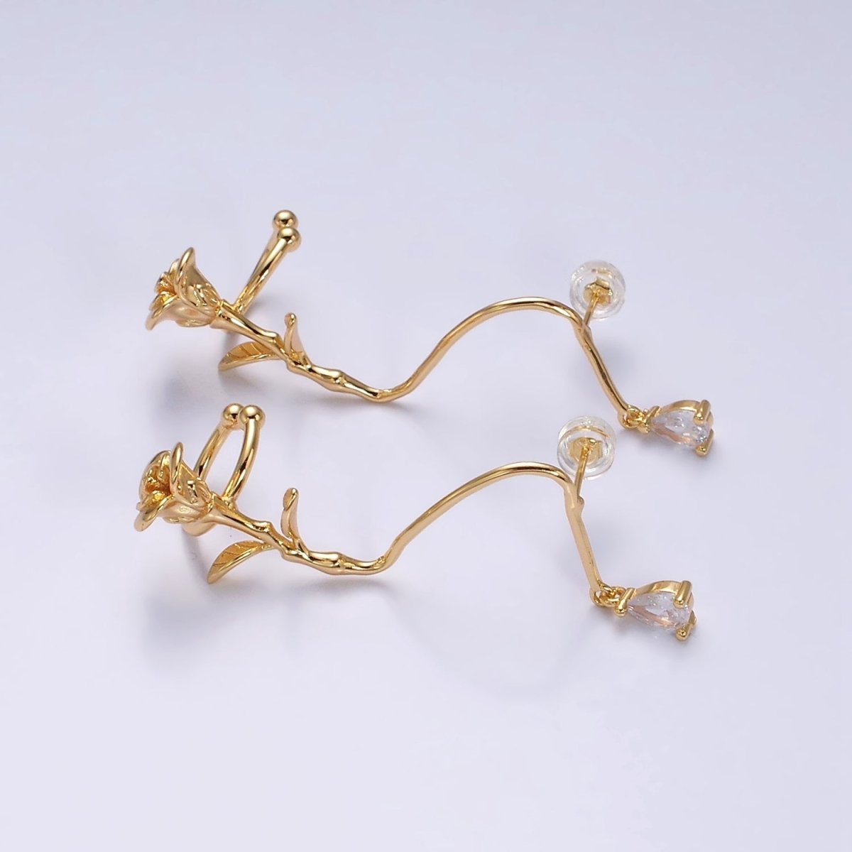 16K Gold Filled Rose Flower Long Vine Teardrop Dangle Ear Cuff Stud Earrings in Silver & Gold | AD-361 AD-362
