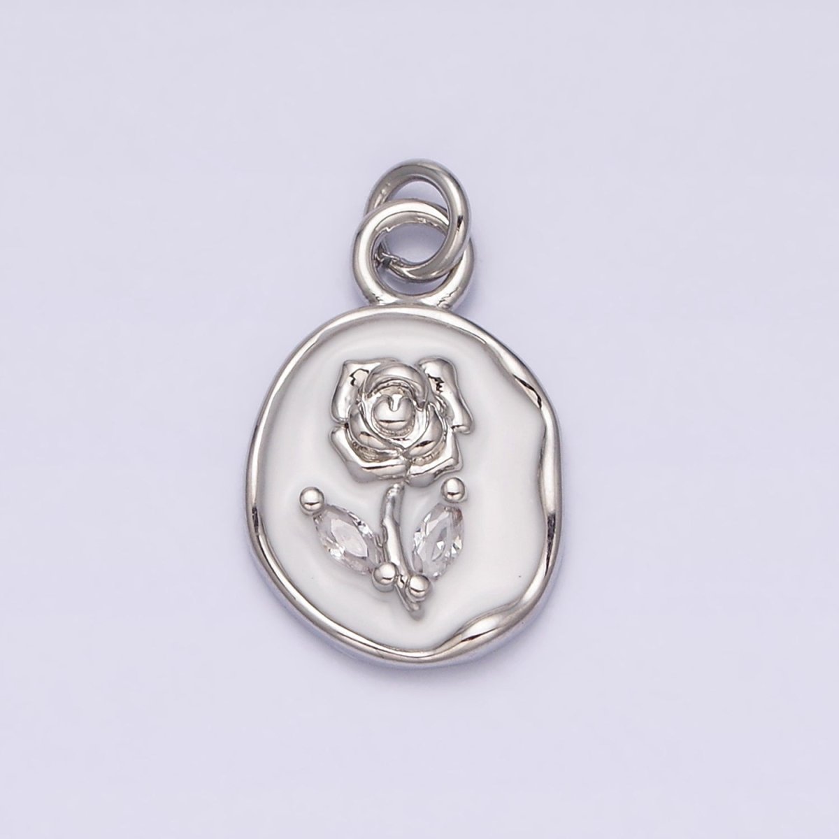 16K Gold Filled Rose Flower Marquise Leaf White, Pink, Black Sparkly Enamel Stamped Oval Charm | AC1081 - AC1086