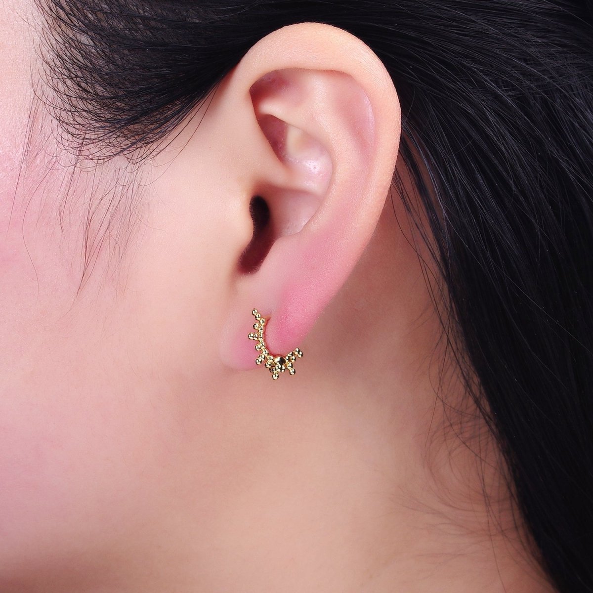 16K Gold Filled Round Beaded Ball Lined 12mm Cartilage Huggie Earrings | AD1545