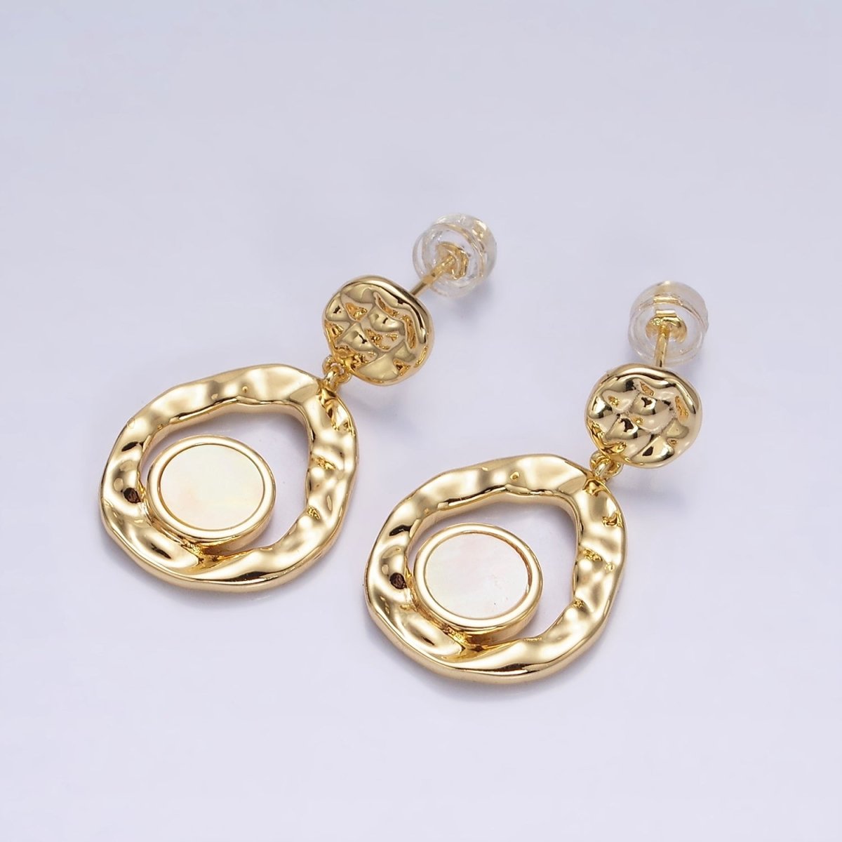 16K Gold Filled Shell Pearl Open Round Double Hammered Drop Stud Earrings in Gold & Silver | AD-343 AD-344