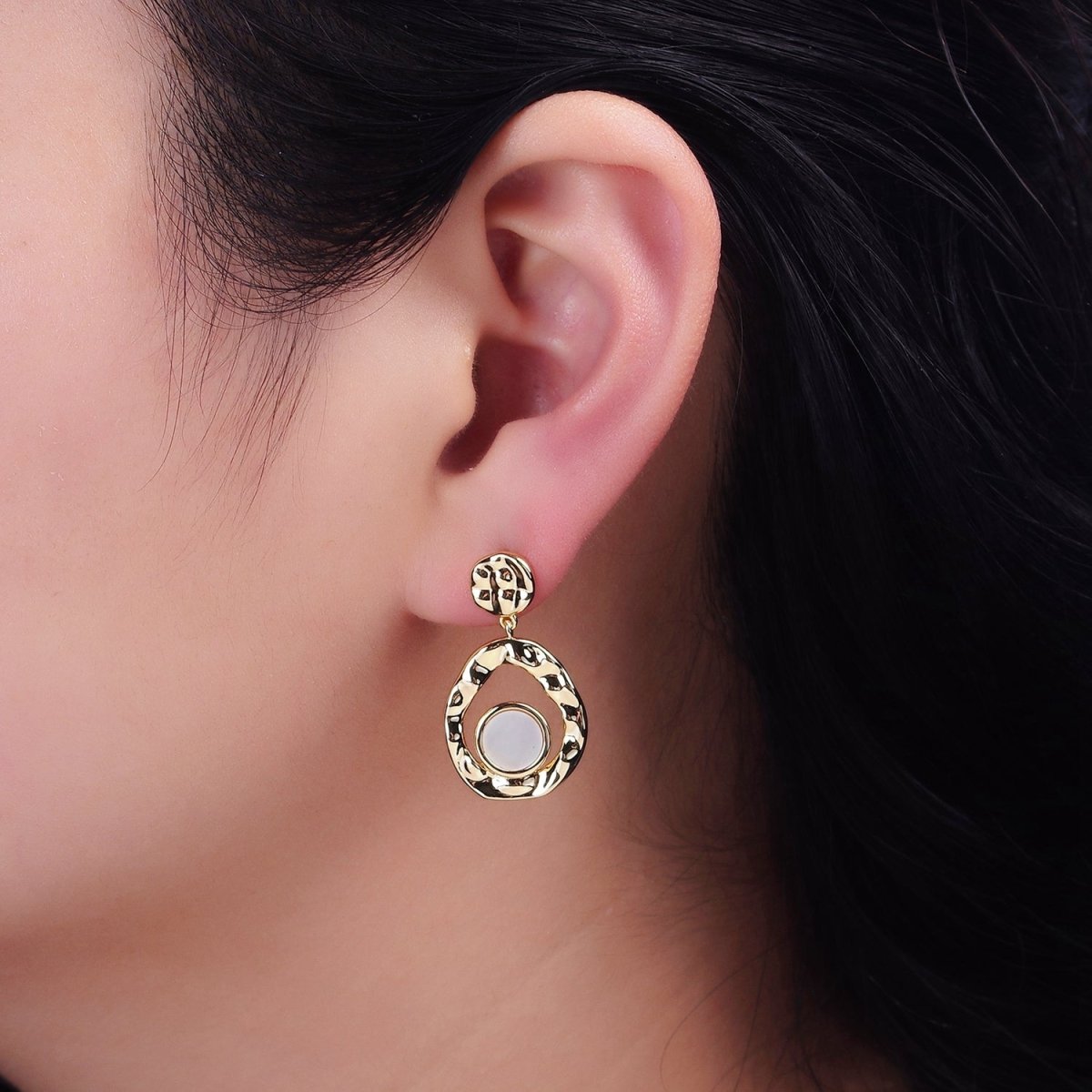 16K Gold Filled Shell Pearl Open Round Double Hammered Drop Stud Earrings in Gold & Silver | AD-343 AD-344