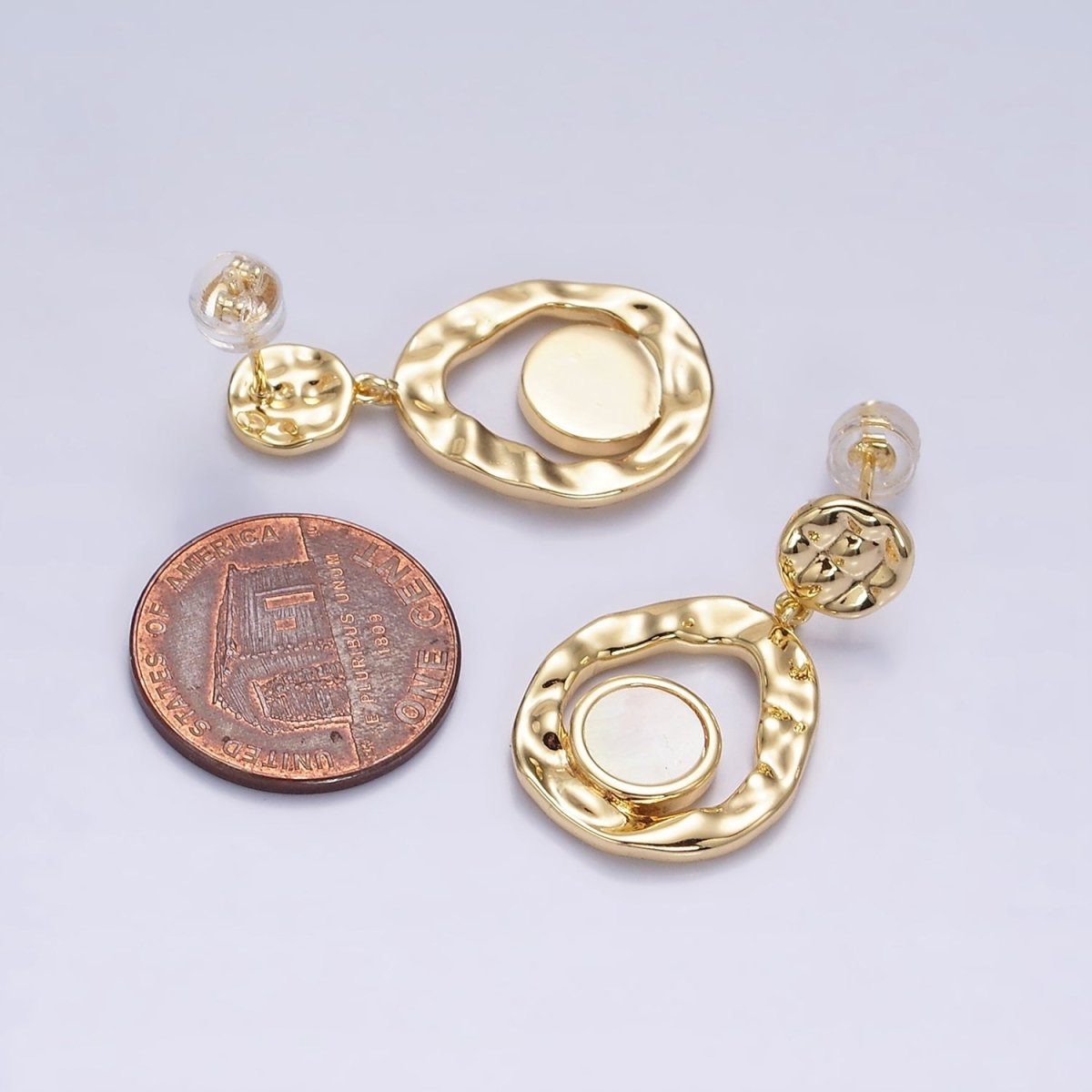 16K Gold Filled Shell Pearl Open Round Double Hammered Drop Stud Earrings in Gold & Silver | AD-343 AD-344
