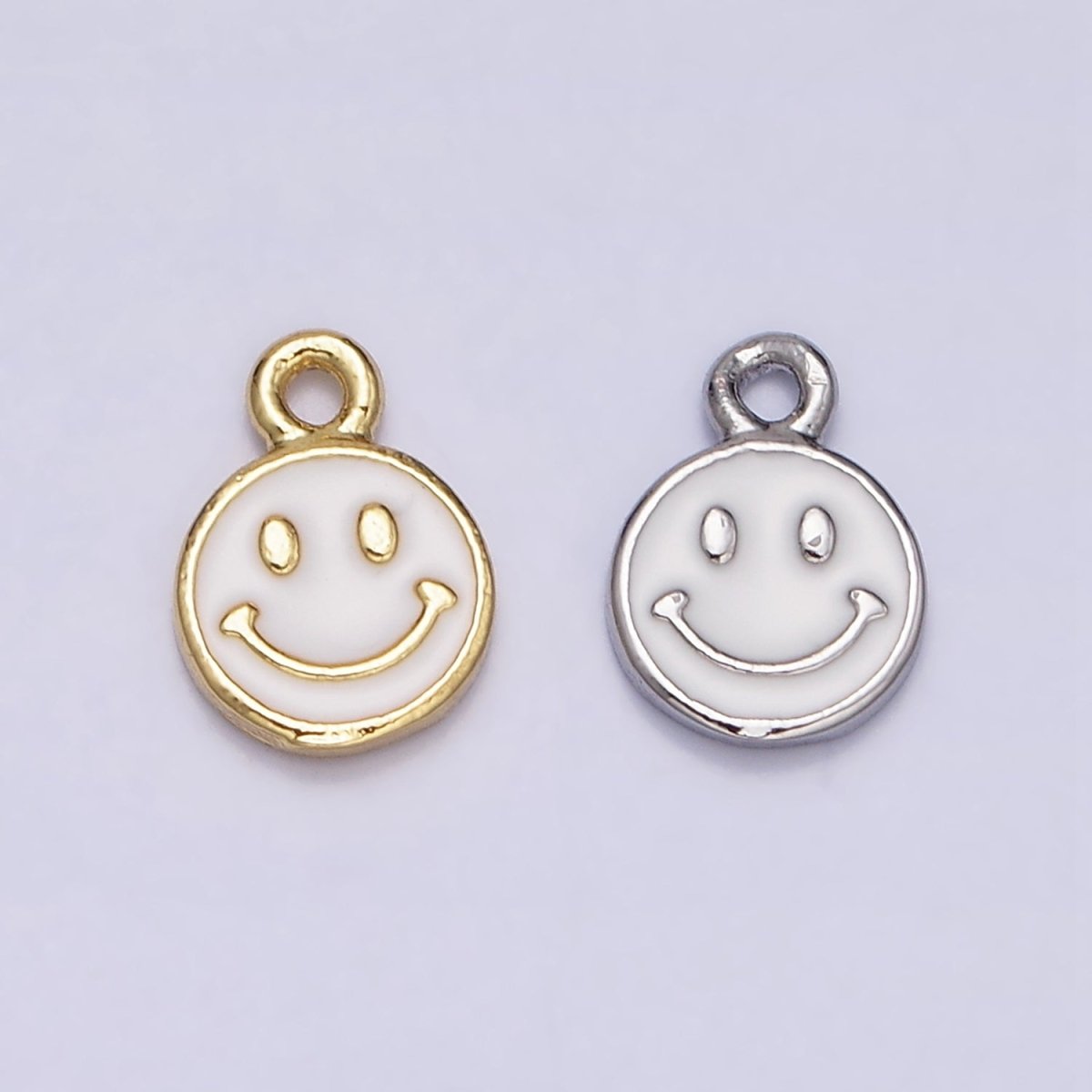 16K Gold Filled Smiley Face White Enamel Round Charm in Gold & Silver | AC1332 AC1333