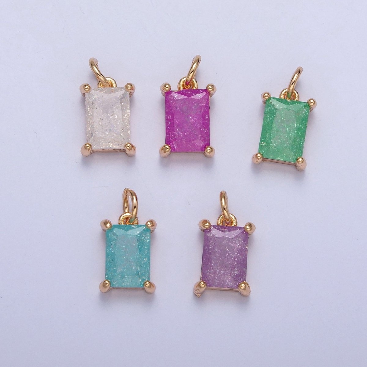 16K Gold Filled Sparkly Pastel Emerald Cut Cubic Zirconia Charm Jewelry Making Component Rectangle Square Add on Charm | X-268-X-272