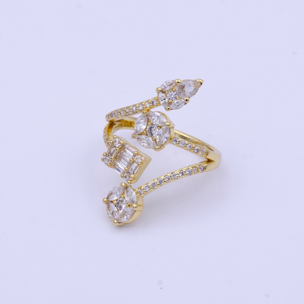 16K Gold Filled Teardrop Round Baguette Clear CZ Multiple Band Open Statement Ring in Gold & Silver | O-1571 O-1572