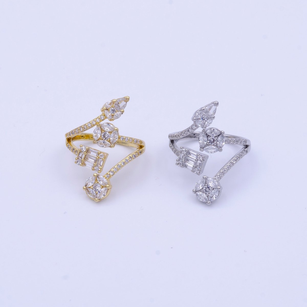 16K Gold Filled Teardrop Round Baguette Clear CZ Multiple Band Open Statement Ring in Gold & Silver | O-1571 O-1572