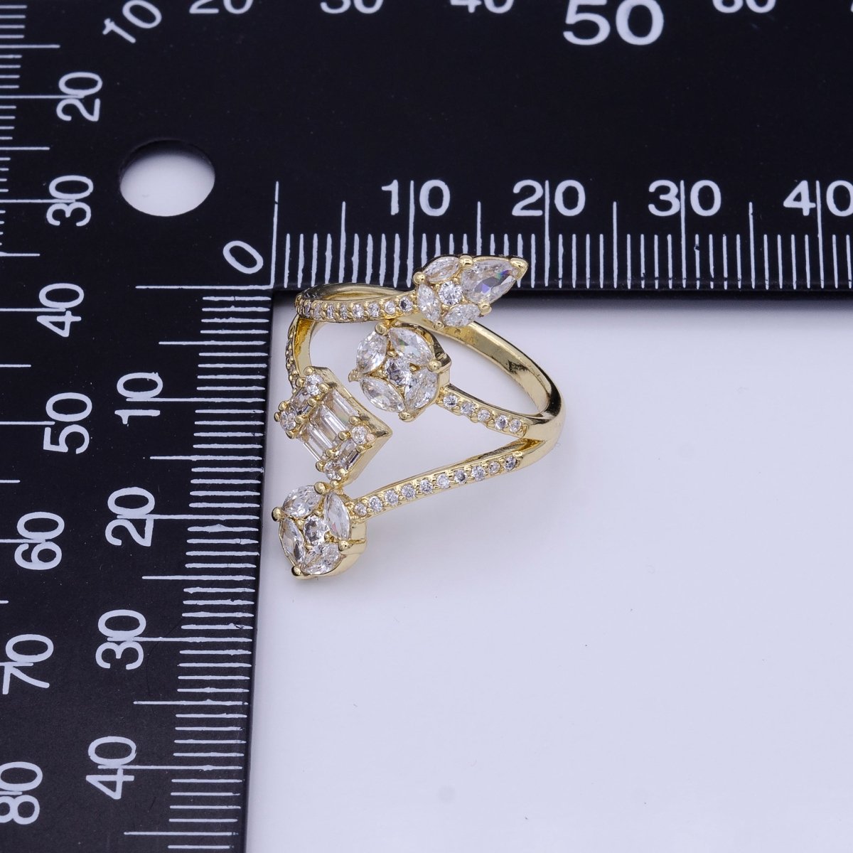 16K Gold Filled Teardrop Round Baguette Clear CZ Multiple Band Open Statement Ring in Gold & Silver | O-1571 O-1572