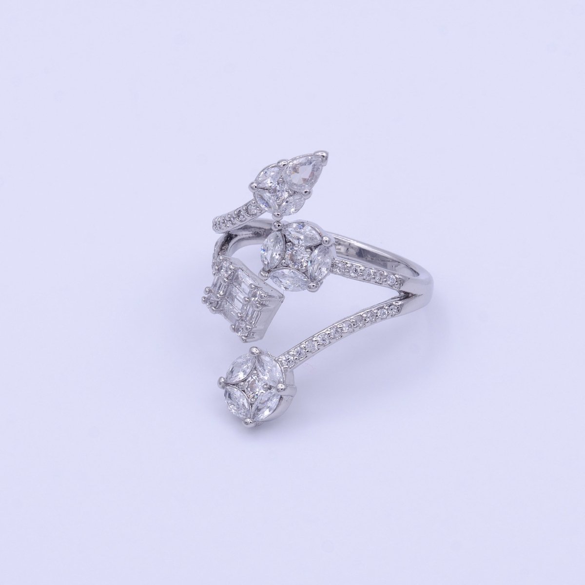 16K Gold Filled Teardrop Round Baguette Clear CZ Multiple Band Open Statement Ring in Gold & Silver | O-1571 O-1572