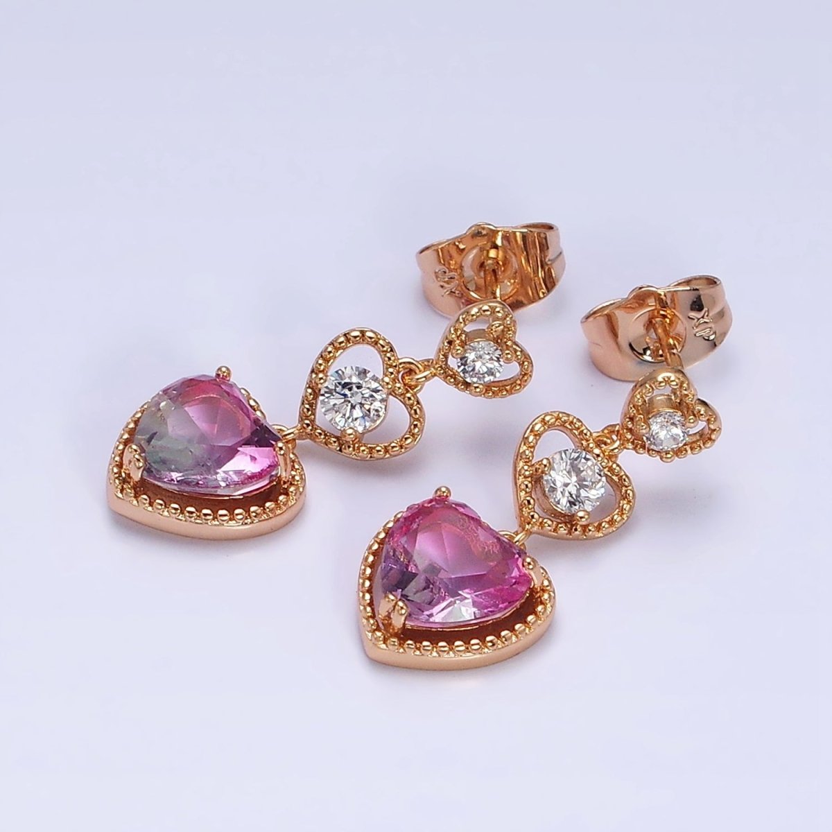 16K Gold Filled Triple Beaded Heart Pink Clear CZ Drop Stud Earrings | AD1458