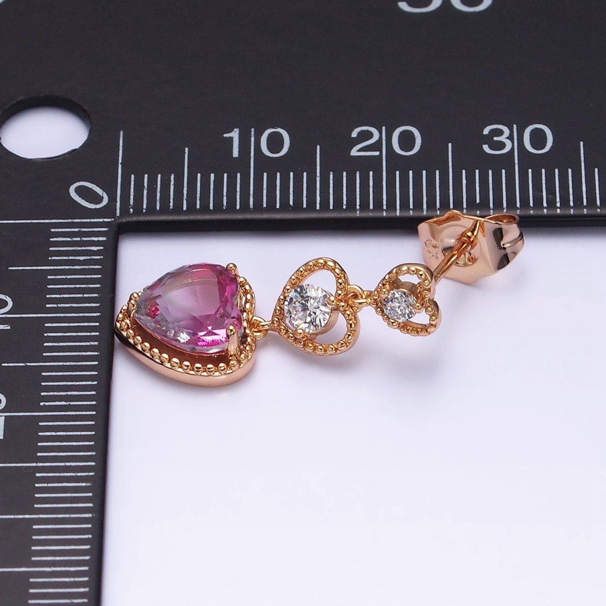 16K Gold Filled Triple Beaded Heart Pink Clear CZ Drop Stud Earrings | AD1458