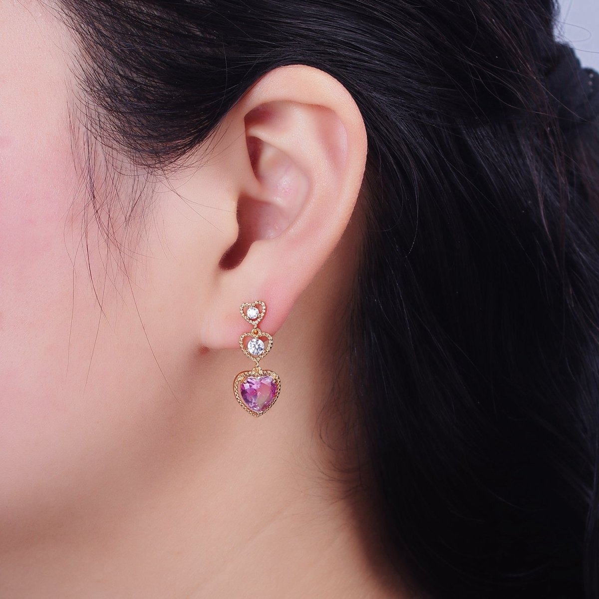 16K Gold Filled Triple Beaded Heart Pink Clear CZ Drop Stud Earrings | AD1458