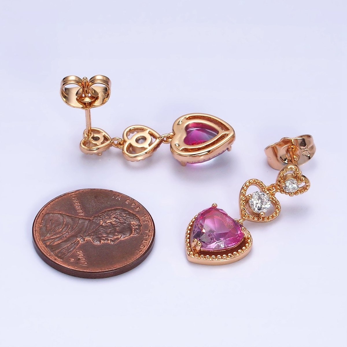 16K Gold Filled Triple Beaded Heart Pink Clear CZ Drop Stud Earrings | AD1458