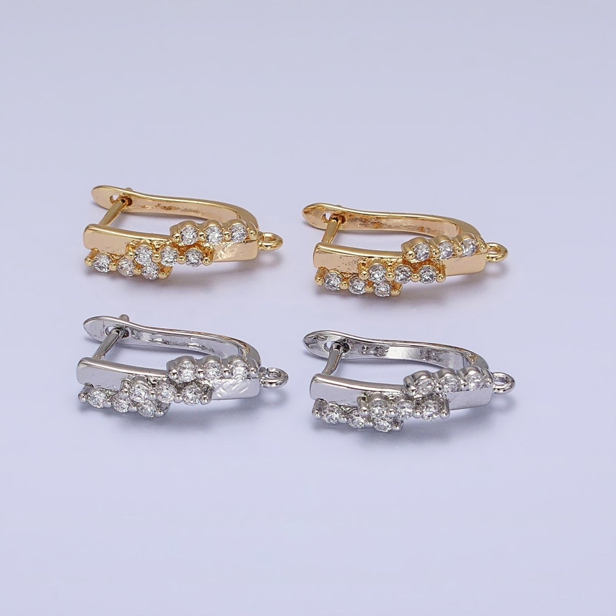 16K Gold Filled Triple CZ Lined Micro Paved Bar Open Loop English Lock Earrings Supply in Gold & Silver | Z-231 Z-232