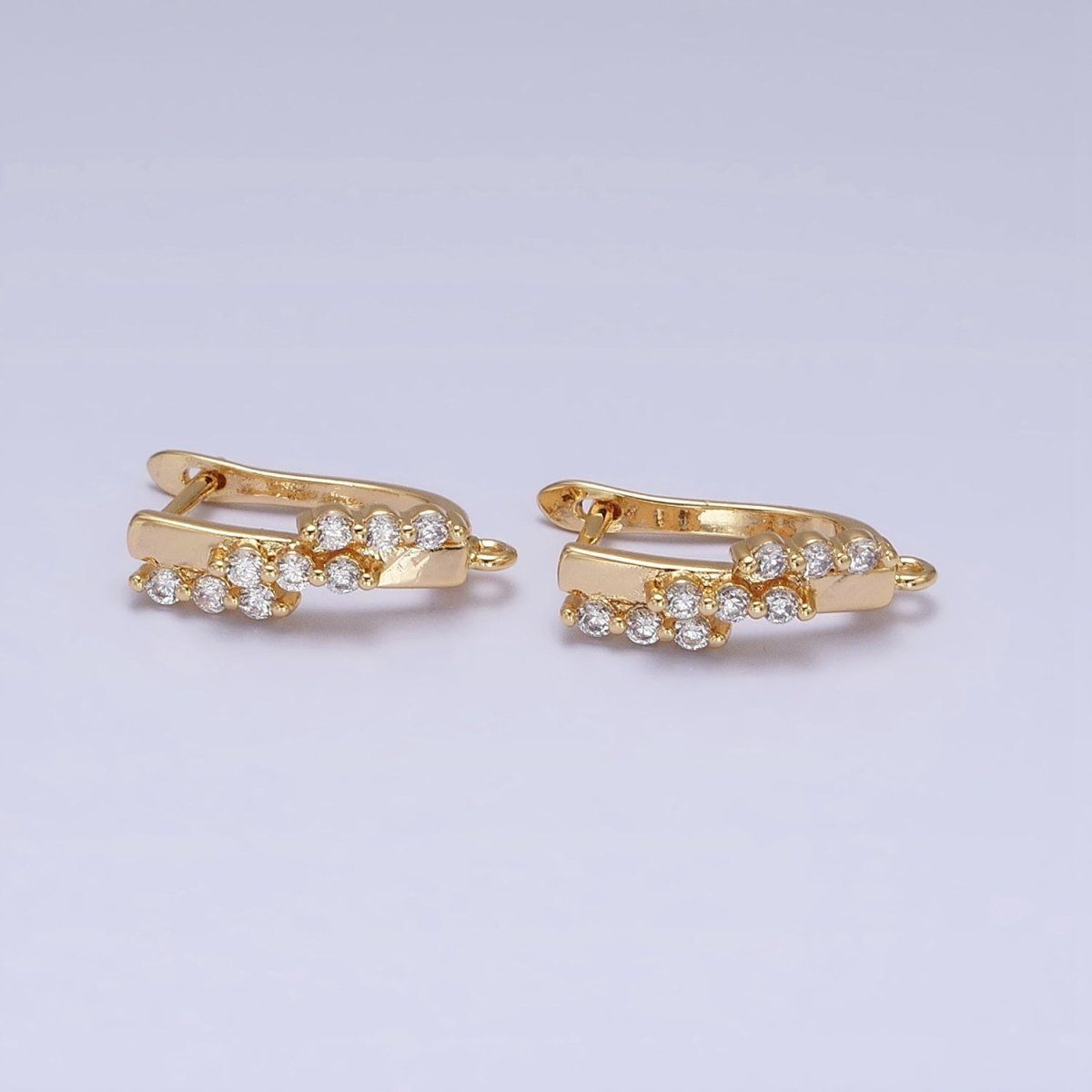 16K Gold Filled Triple CZ Lined Micro Paved Bar Open Loop English Lock Earrings Supply in Gold & Silver | Z-231 Z-232
