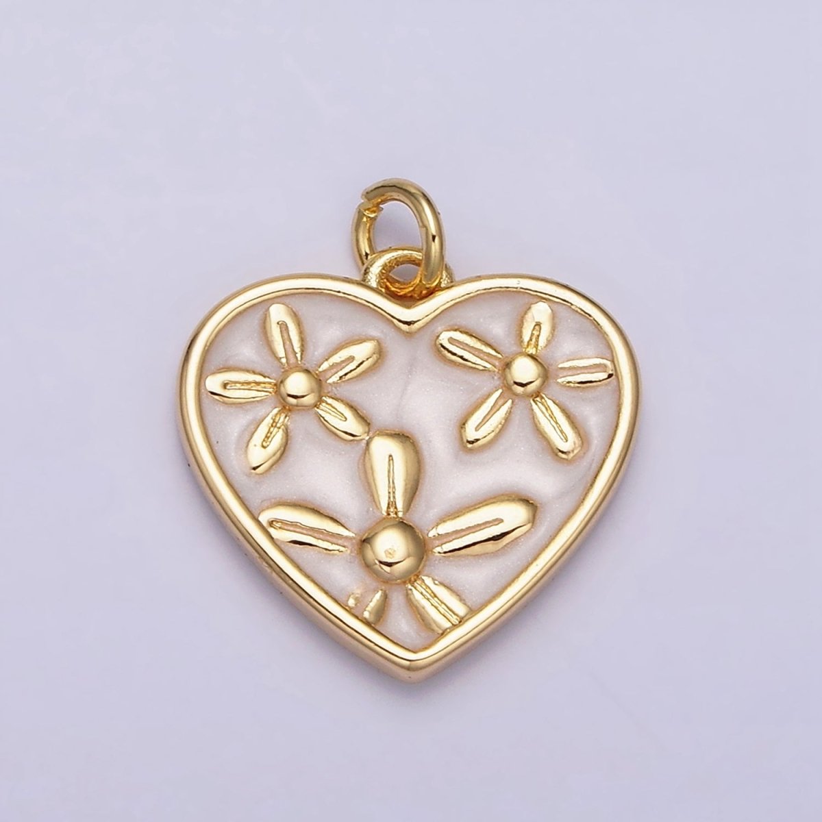 16K Gold Filled Triple Flower White, Pink, Blue Sparkly Enamel Heart Charm | AC1105 - AC1110