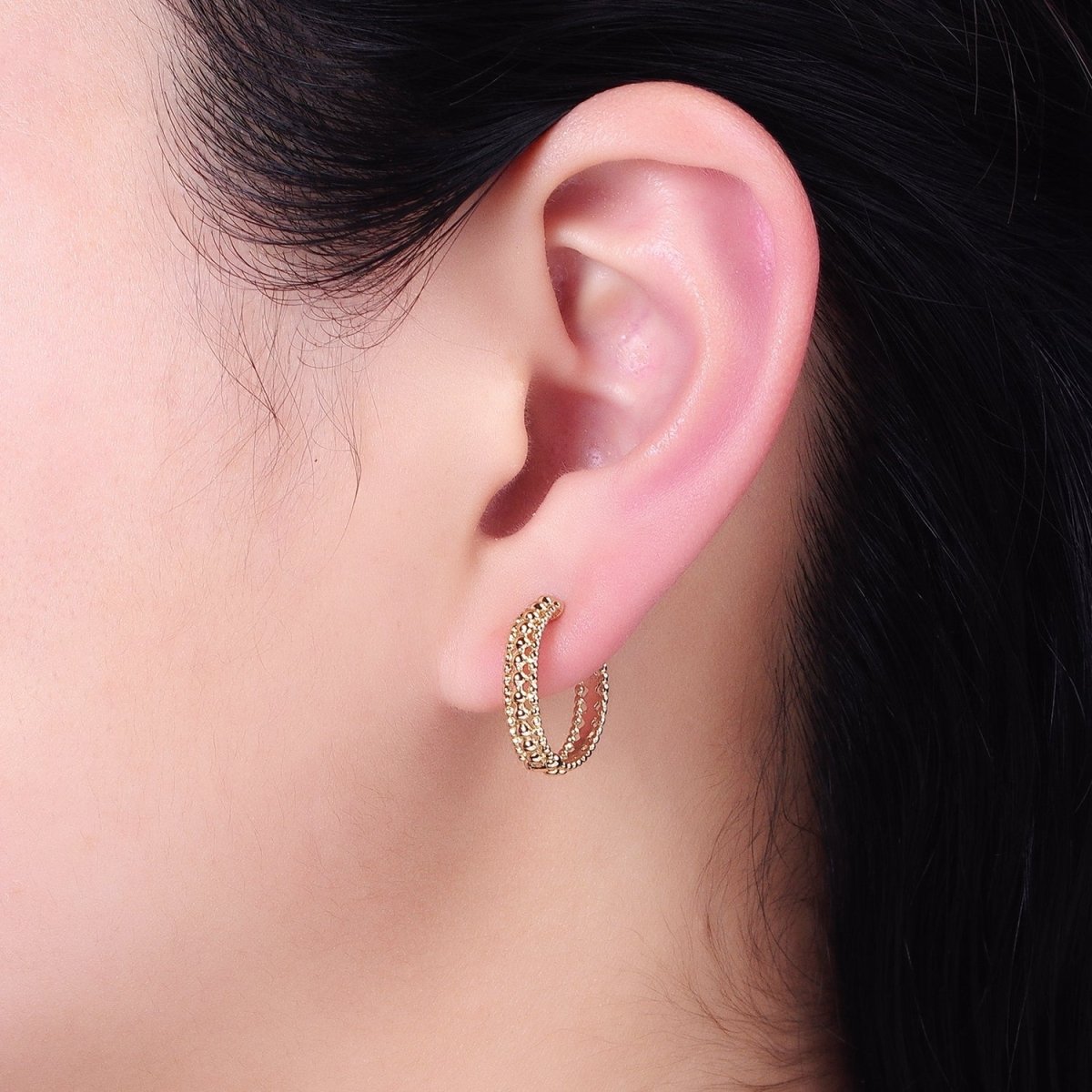 16K Gold Filled Triple Round Beaded Bubble Band 17mm Hoop Earrings | AD1355