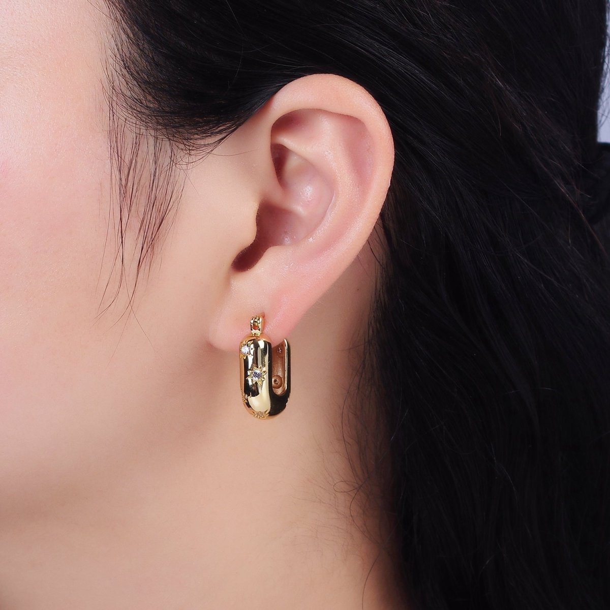 16K Gold Filled U-Shaped Dome Celestial Stars CZ French Lock Latch Hoop Earrings | AE636