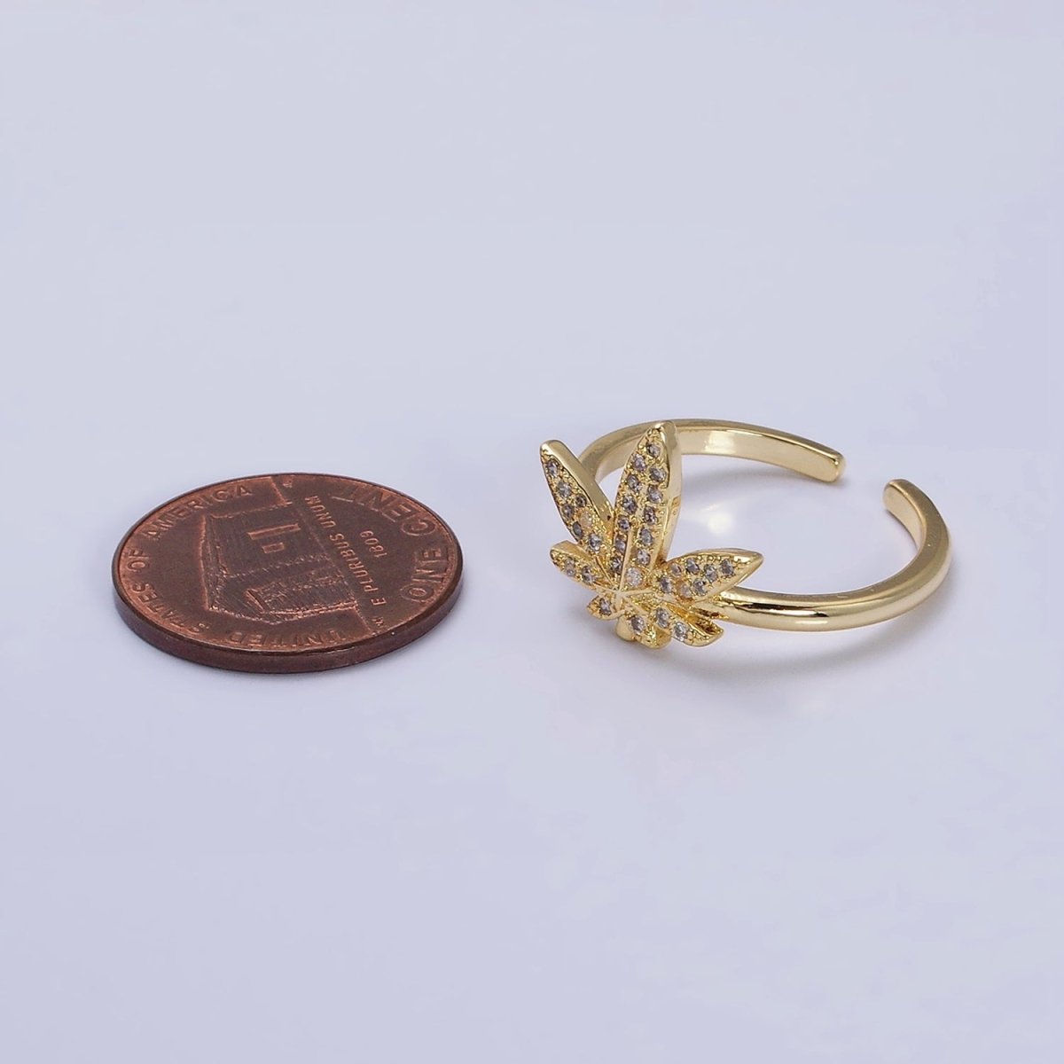 16K Gold Filled Weed Plant Micro Paved CZ Adjustable Ring in Gold & Silver | O-1613 O-1614