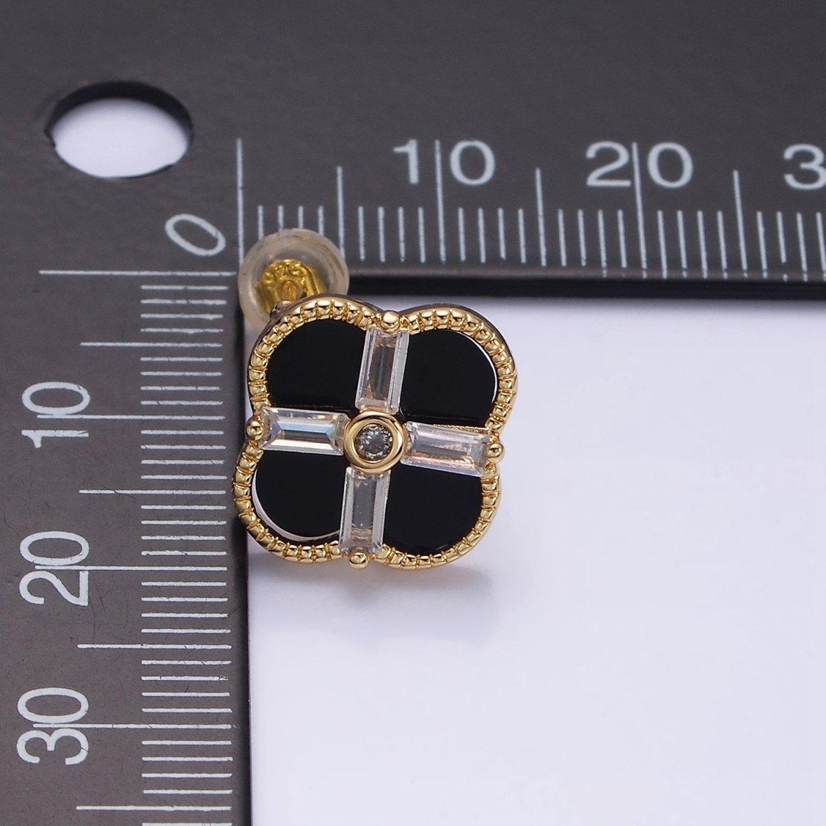 16K Gold Filled White, Black Baguette Quatrefoil Stud Earrings in Gold & Silver | AD1116 - AD1119