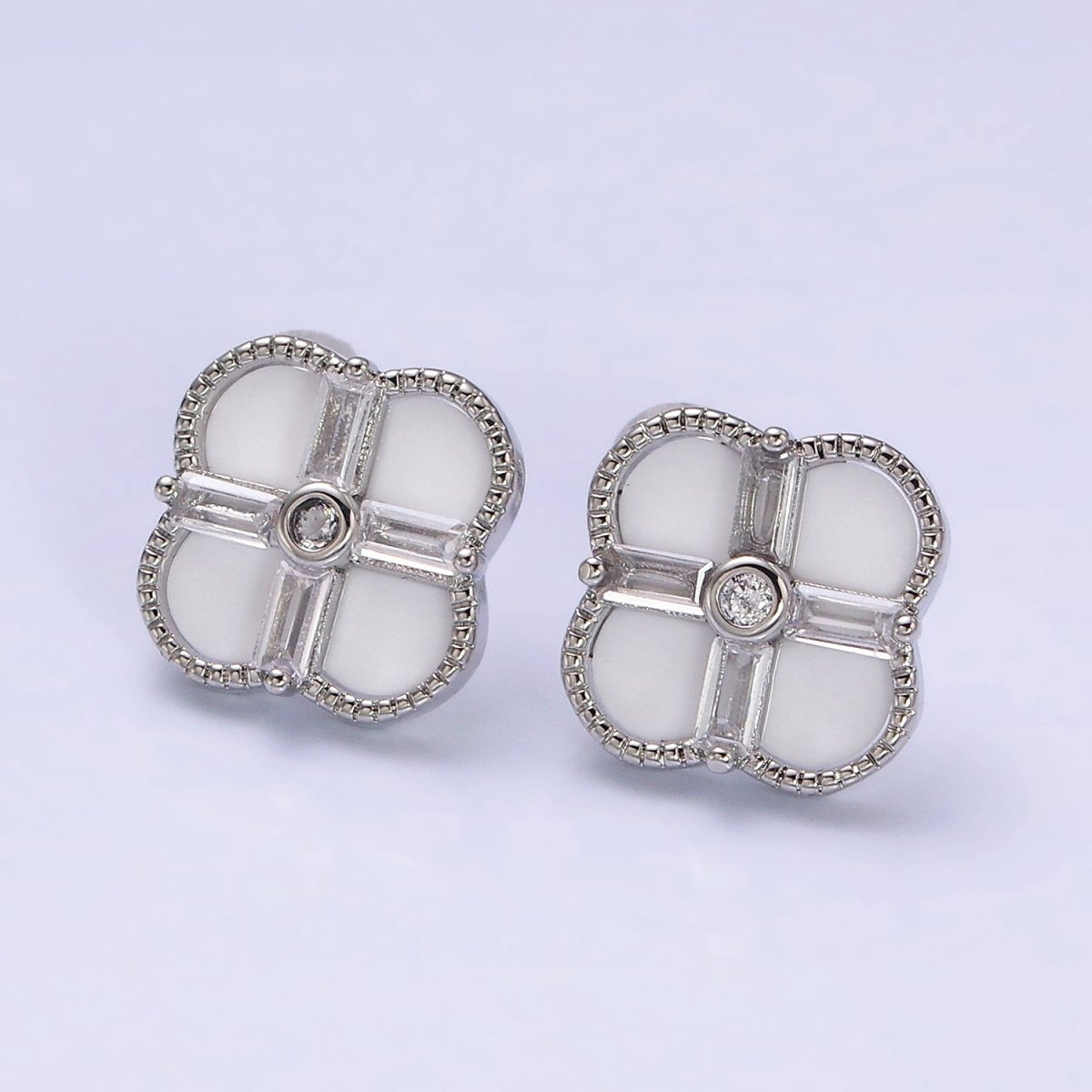 16K Gold Filled White, Black Baguette Quatrefoil Stud Earrings in Gold & Silver | AD1116 - AD1119