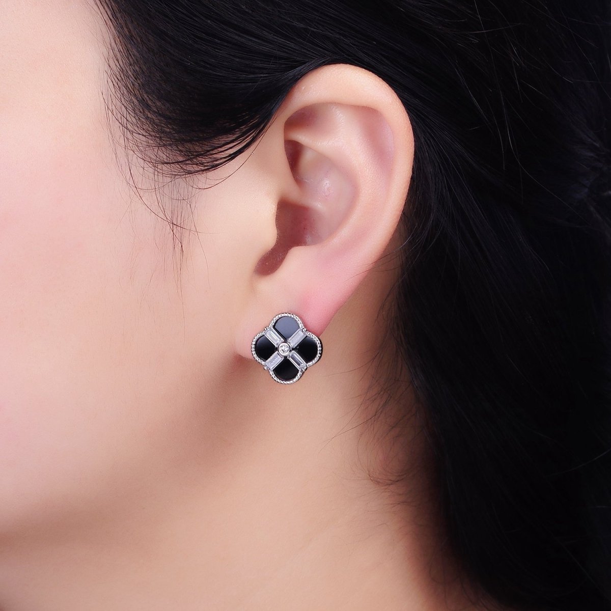 16K Gold Filled White, Black Baguette Quatrefoil Stud Earrings in Gold & Silver | AD1116 - AD1119