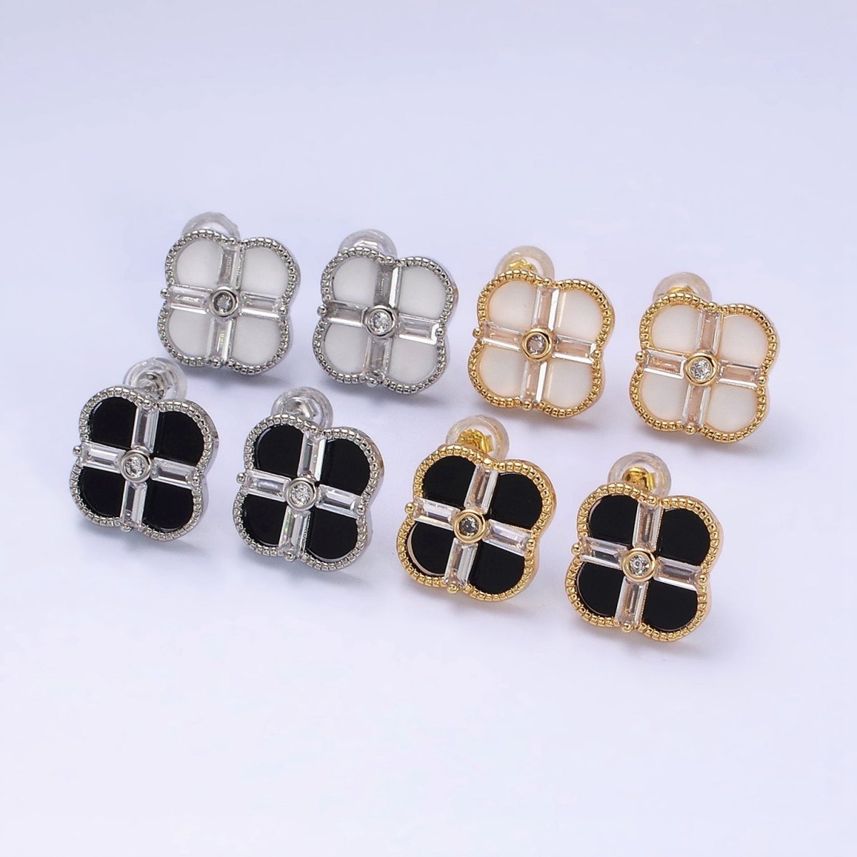 16K Gold Filled White, Black Baguette Quatrefoil Stud Earrings in Gold & Silver | AD1116 - AD1119