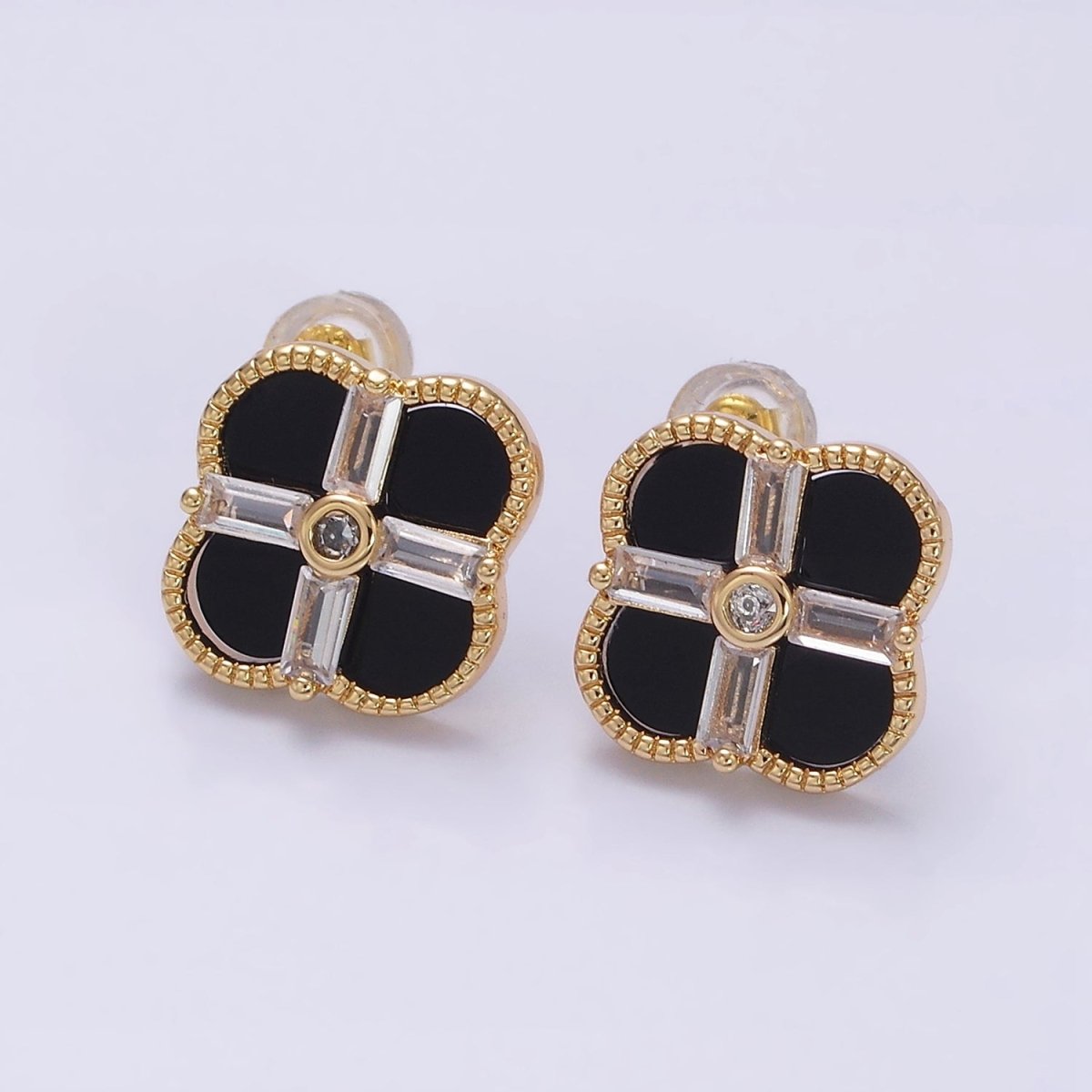 16K Gold Filled White, Black Baguette Quatrefoil Stud Earrings in Gold & Silver | AD1116 - AD1119