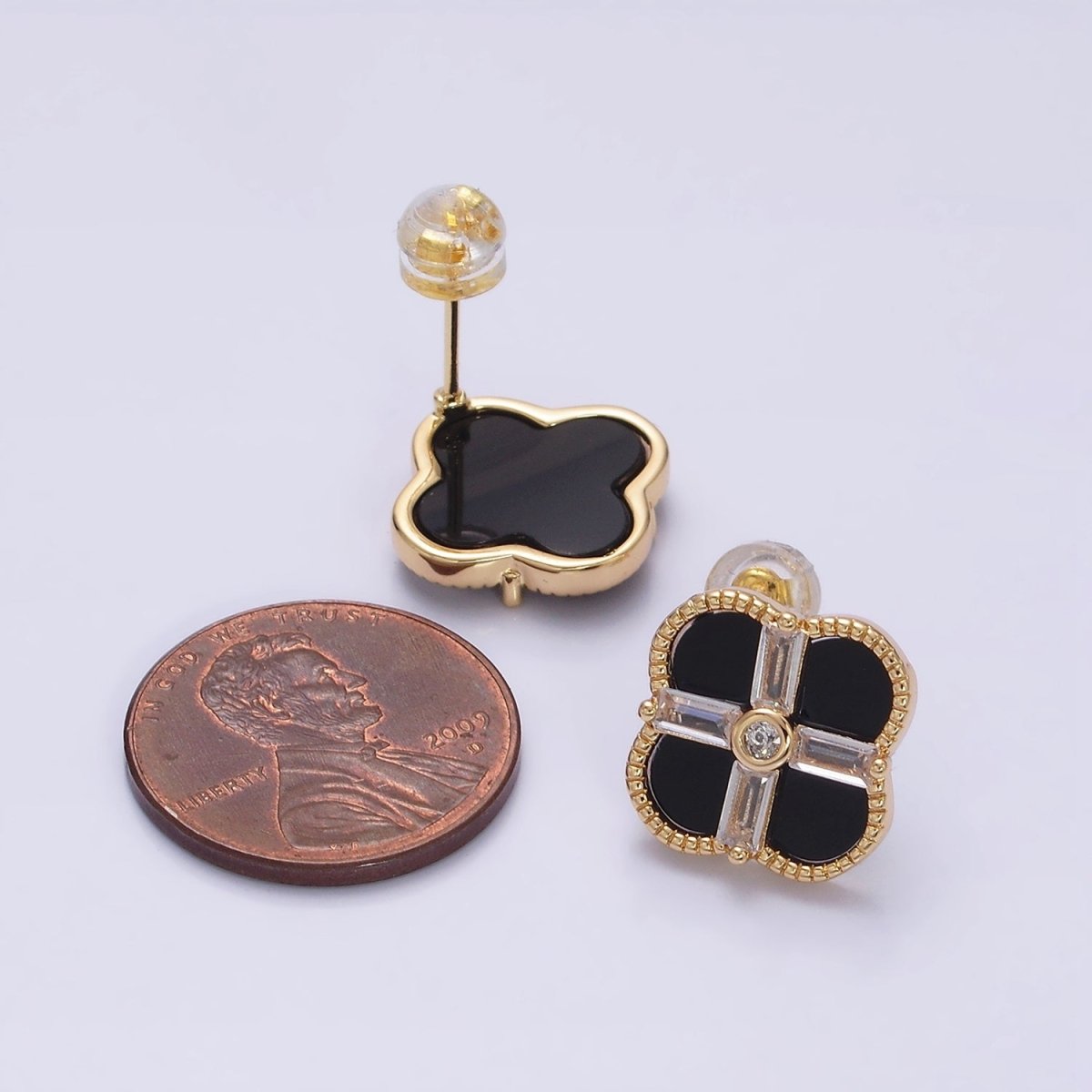 16K Gold Filled White, Black Baguette Quatrefoil Stud Earrings in Gold & Silver | AD1116 - AD1119