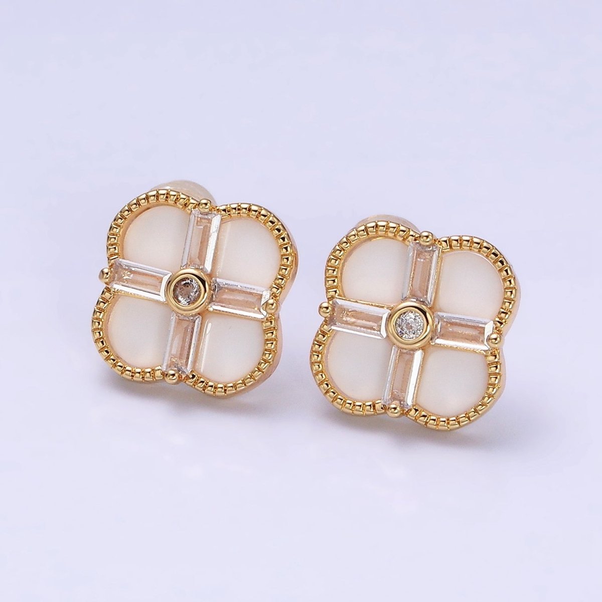 16K Gold Filled White, Black Baguette Quatrefoil Stud Earrings in Gold & Silver | AD1116 - AD1119