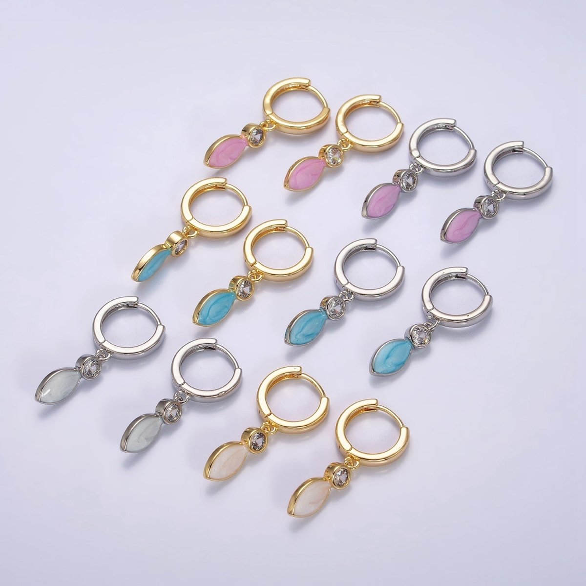16K Gold Filled White, Blue, Pink Sparkly Enamel Drop Huggie Earrings in Gold & Silver | AD-355~AD-360