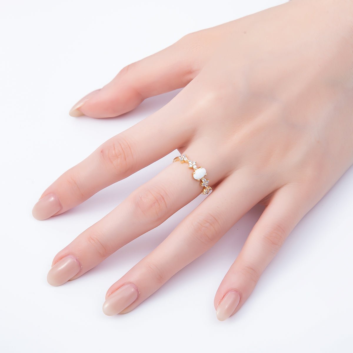 16K Gold Filled White Opal Clear CZ Flower Leaf Adjustable Ring | Rings-00139