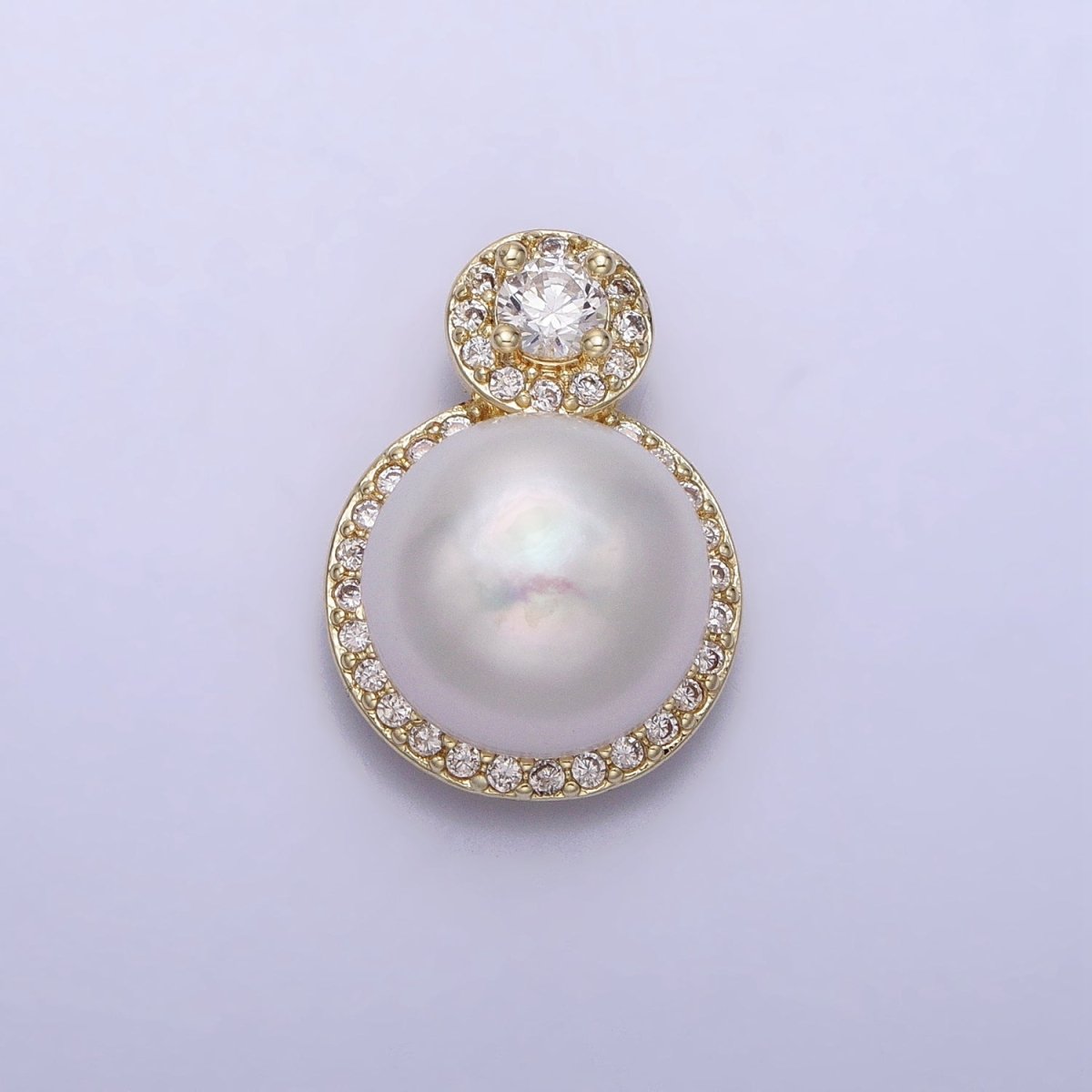 16K Gold Filled White Pearl Round Micro Paved CZ Pendant | AA412